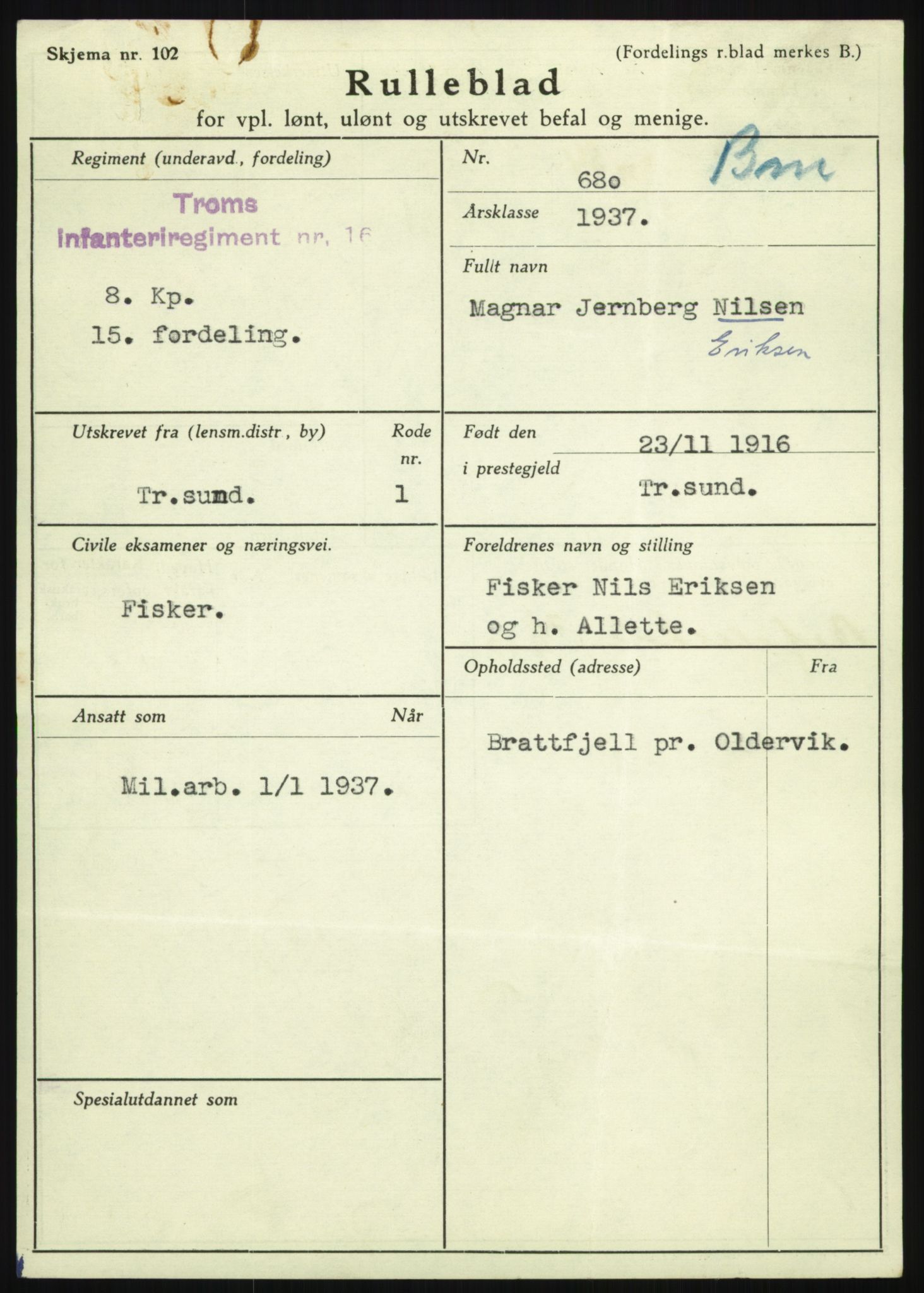 Forsvaret, Troms infanteriregiment nr. 16, AV/RA-RAFA-3146/P/Pa/L0021: Rulleblad for regimentets menige mannskaper, årsklasse 1937, 1937, p. 149