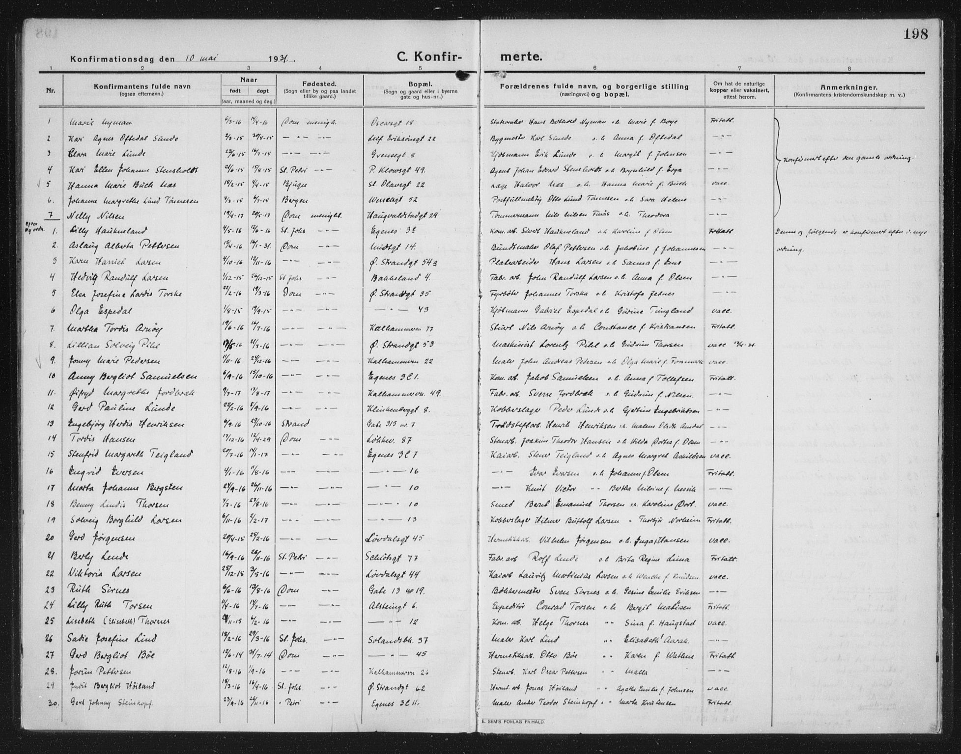 Domkirken sokneprestkontor, AV/SAST-A-101812/002/A/L0019: Parish register (official) no. A 35, 1916-1932, p. 198