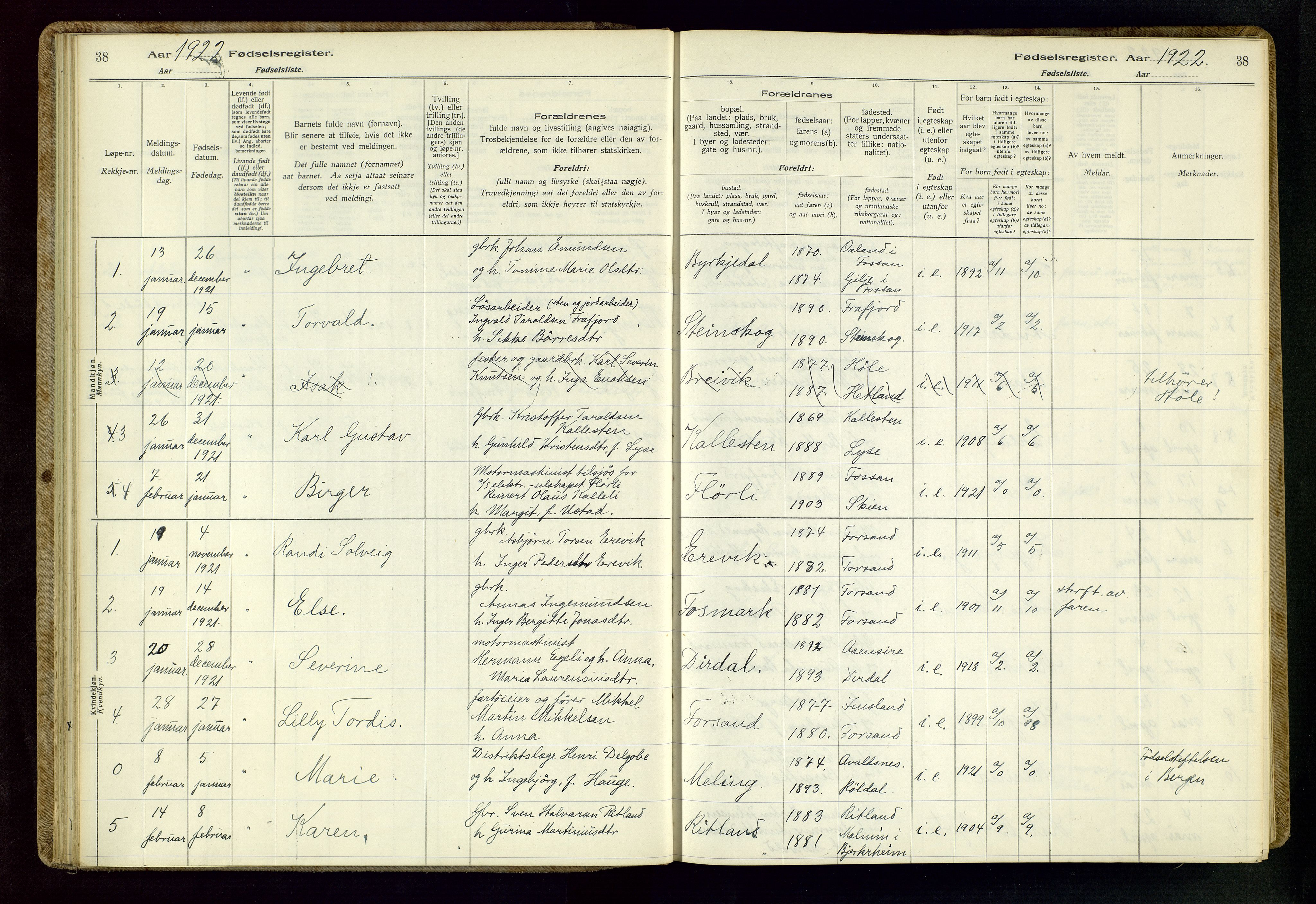 Høgsfjord sokneprestkontor, AV/SAST-A-101624/I/Id/L0002: Birth register no. 2, 1916-1959, p. 38