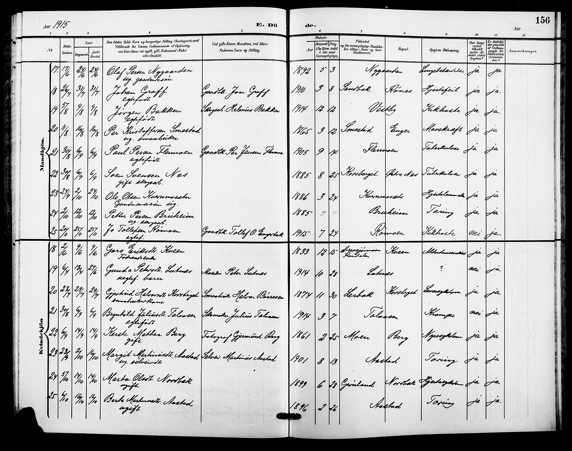 Trysil prestekontor, AV/SAH-PREST-046/H/Ha/Hab/L0009: Parish register (copy) no. 9, 1904-1924, p. 156