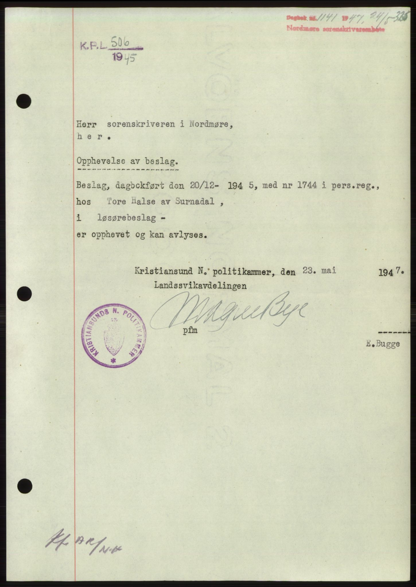 Nordmøre sorenskriveri, AV/SAT-A-4132/1/2/2Ca: Mortgage book no. B96, 1947-1947, Diary no: : 1141/1947