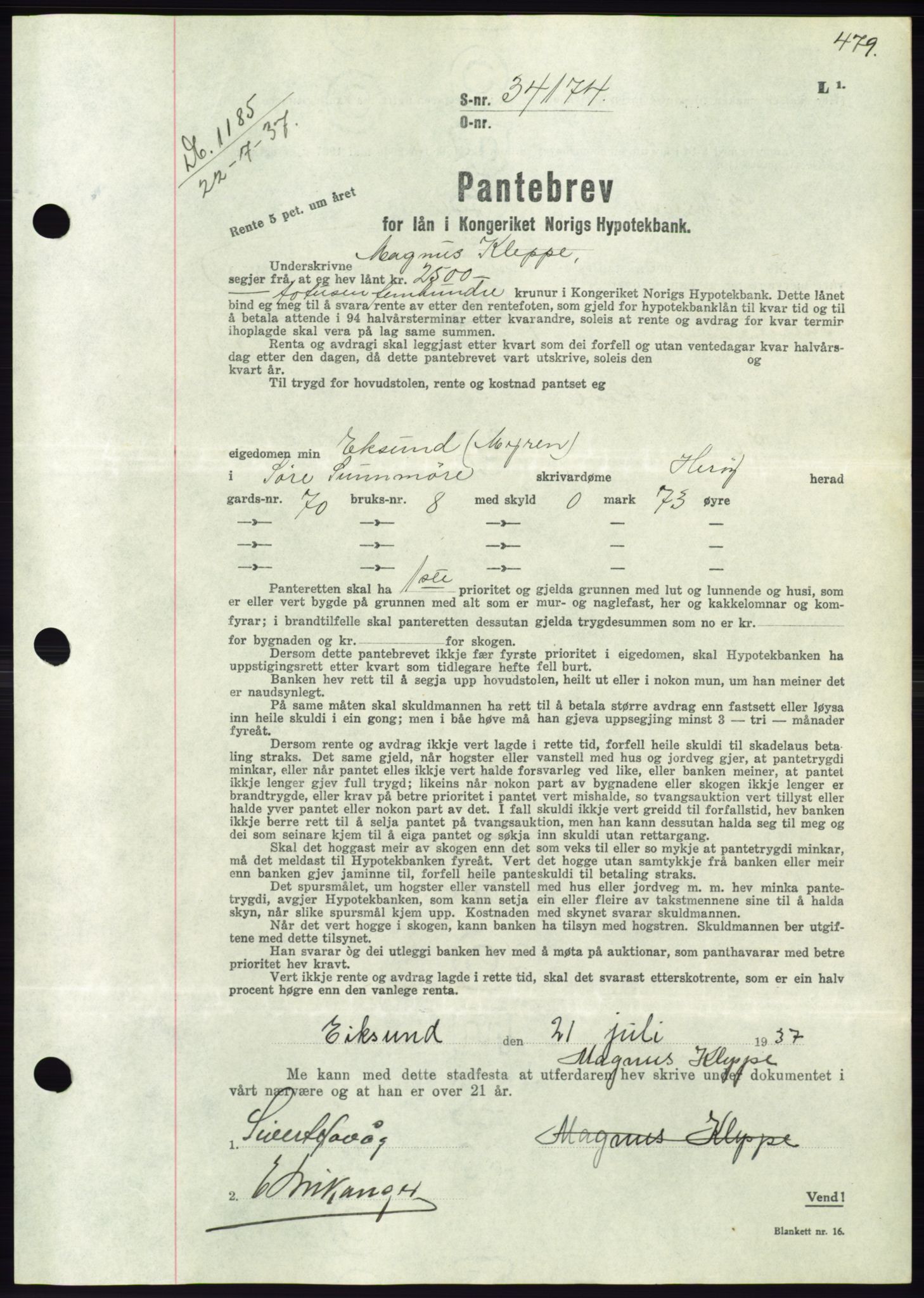 Søre Sunnmøre sorenskriveri, AV/SAT-A-4122/1/2/2C/L0063: Mortgage book no. 57, 1937-1937, Diary no: : 1185/1937