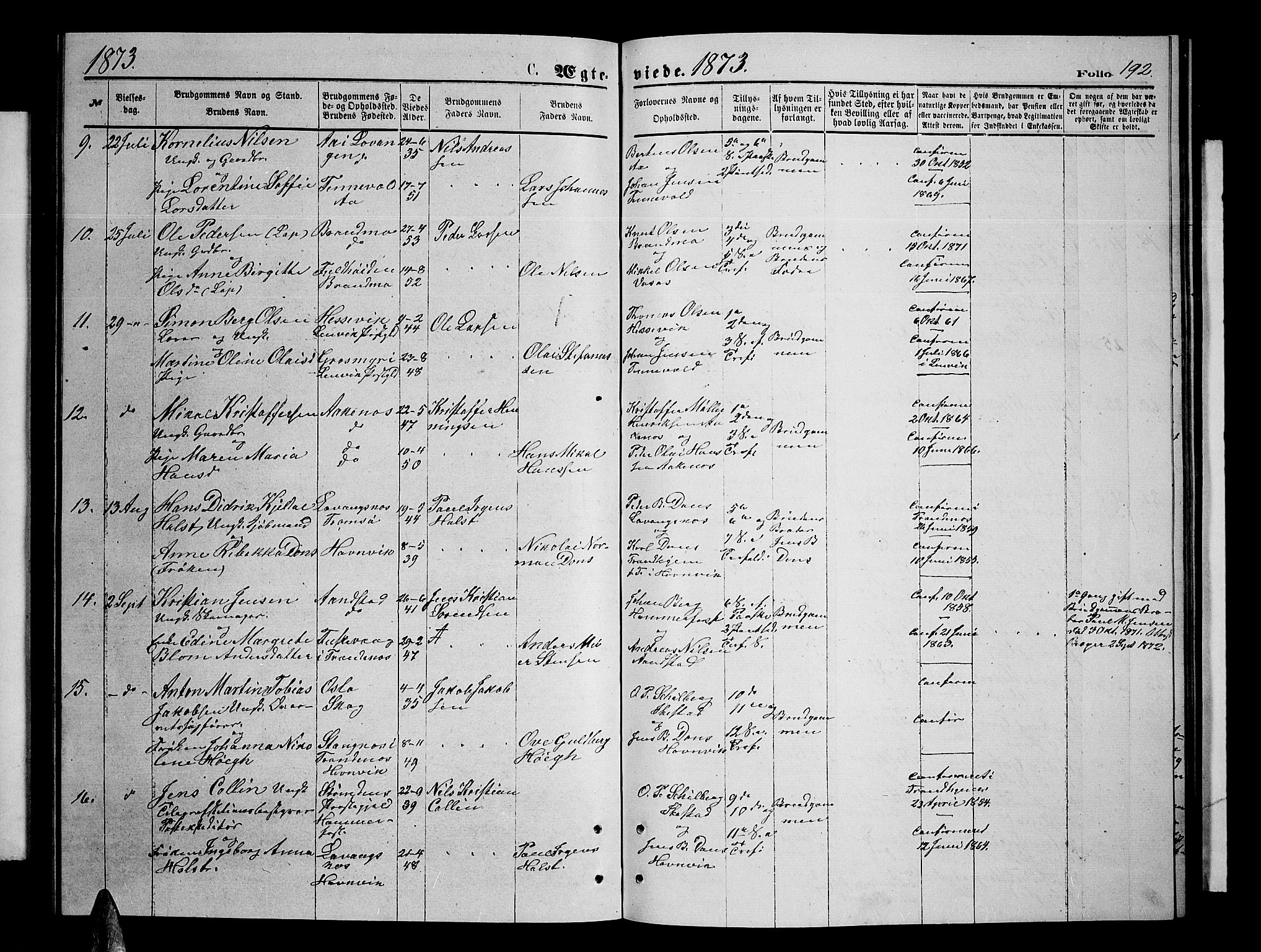 Ibestad sokneprestembete, AV/SATØ-S-0077/H/Ha/Hab/L0006klokker: Parish register (copy) no. 6, 1871-1879, p. 192