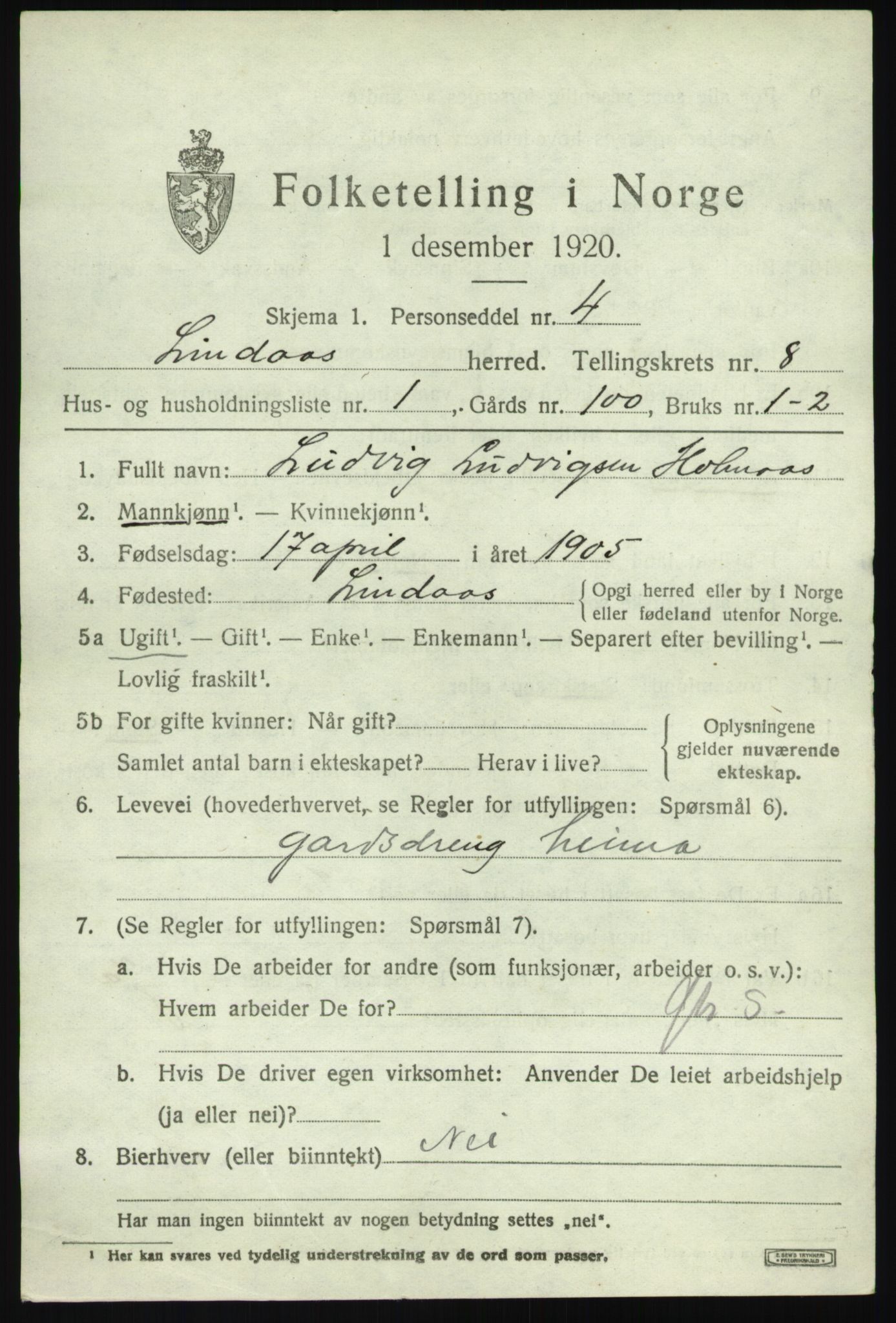 SAB, 1920 census for Lindås, 1920, p. 4239