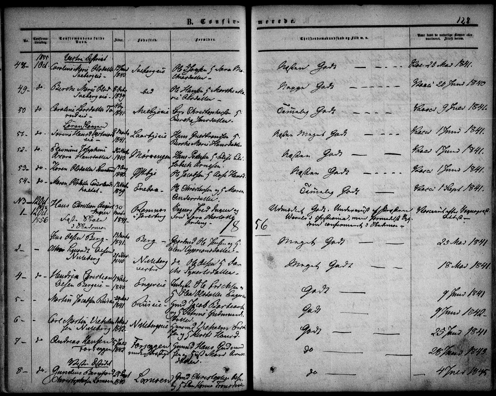 Skedsmo prestekontor Kirkebøker, SAO/A-10033a/F/Fa/L0010: Parish register (official) no. I 10, 1854-1865, p. 128