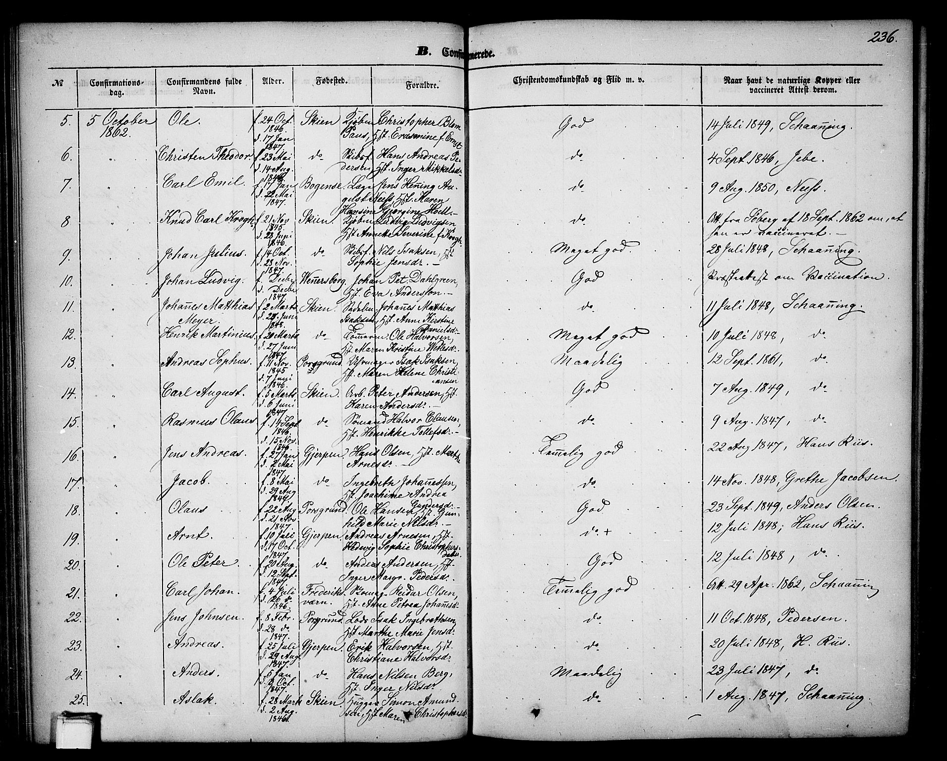 Skien kirkebøker, SAKO/A-302/G/Ga/L0004: Parish register (copy) no. 4, 1843-1867, p. 236