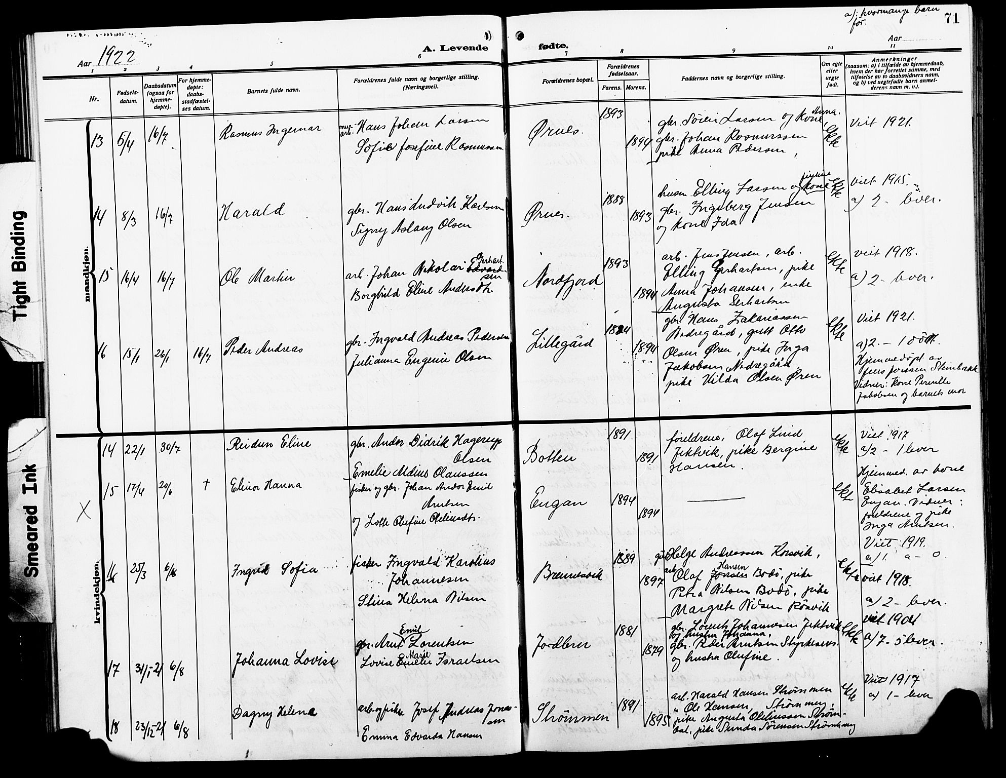 Ministerialprotokoller, klokkerbøker og fødselsregistre - Nordland, AV/SAT-A-1459/854/L0787: Parish register (copy) no. 854C03, 1913-1926, p. 71