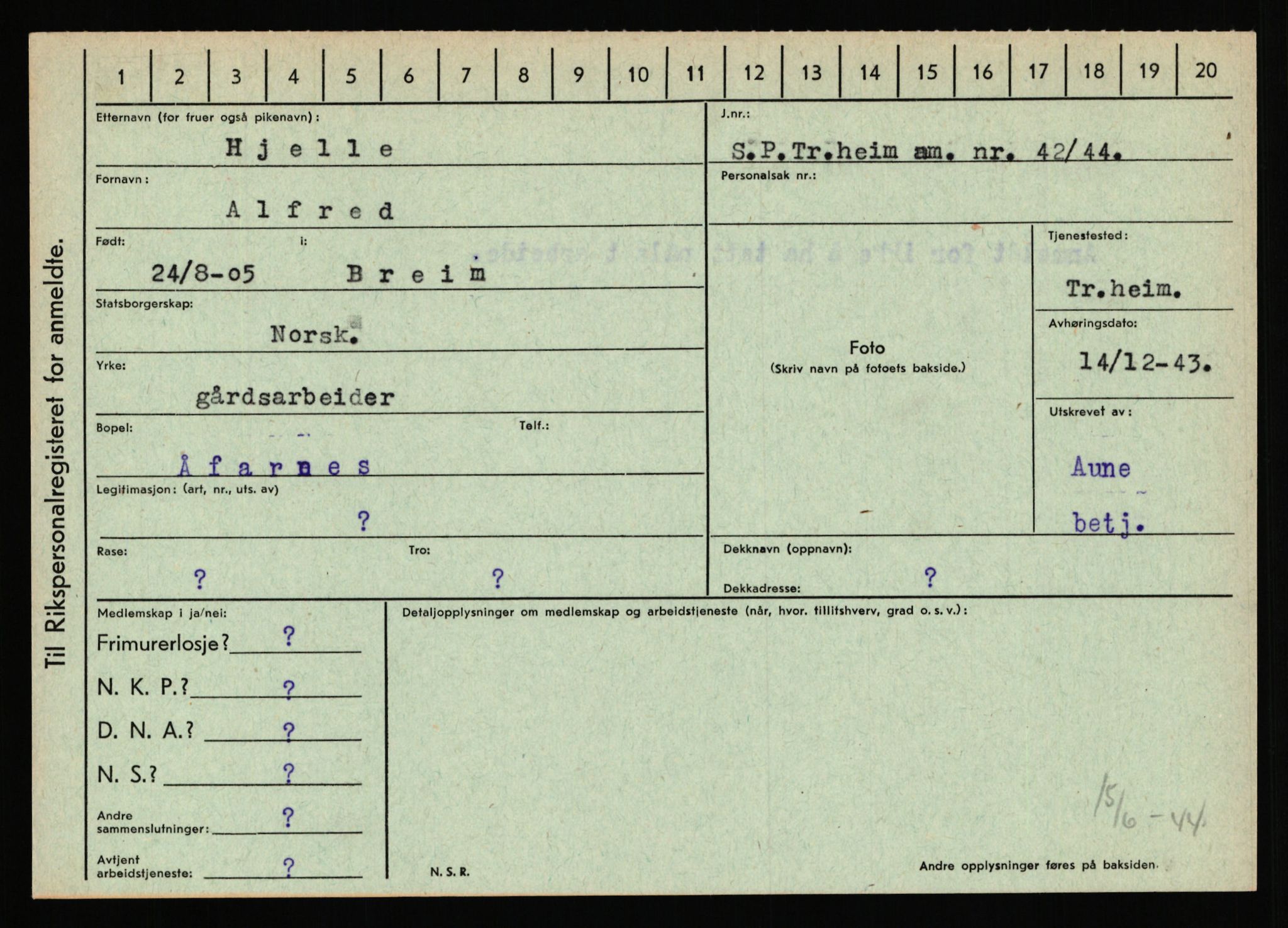 Statspolitiet - Hovedkontoret / Osloavdelingen, AV/RA-S-1329/C/Ca/L0006: Hanche - Hokstvedt, 1943-1945, p. 4383