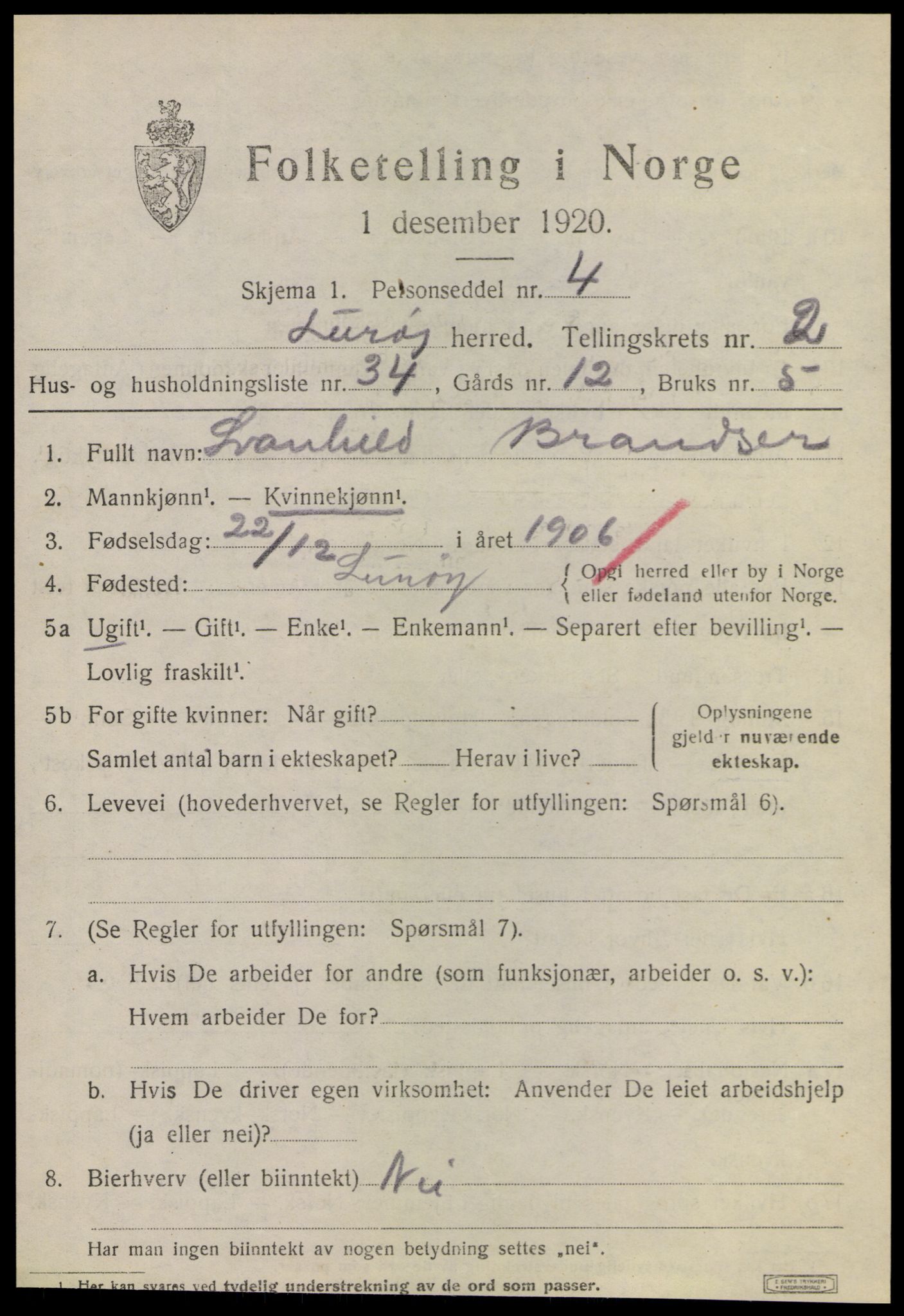 SAT, 1920 census for Lurøy, 1920, p. 1789