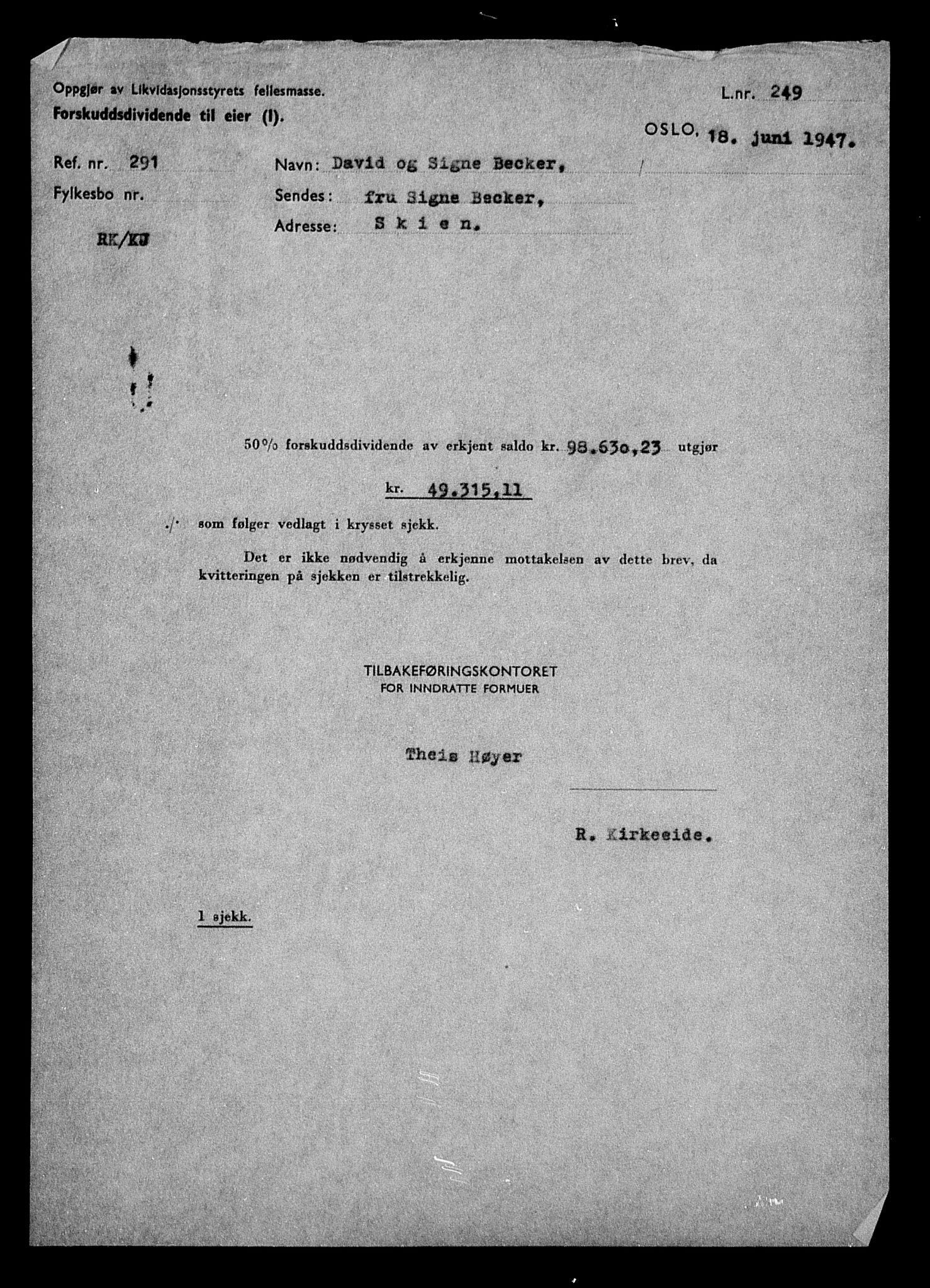 Justisdepartementet, Tilbakeføringskontoret for inndratte formuer, AV/RA-S-1564/H/Hc/Hcd/L0989: --, 1945-1947, p. 435