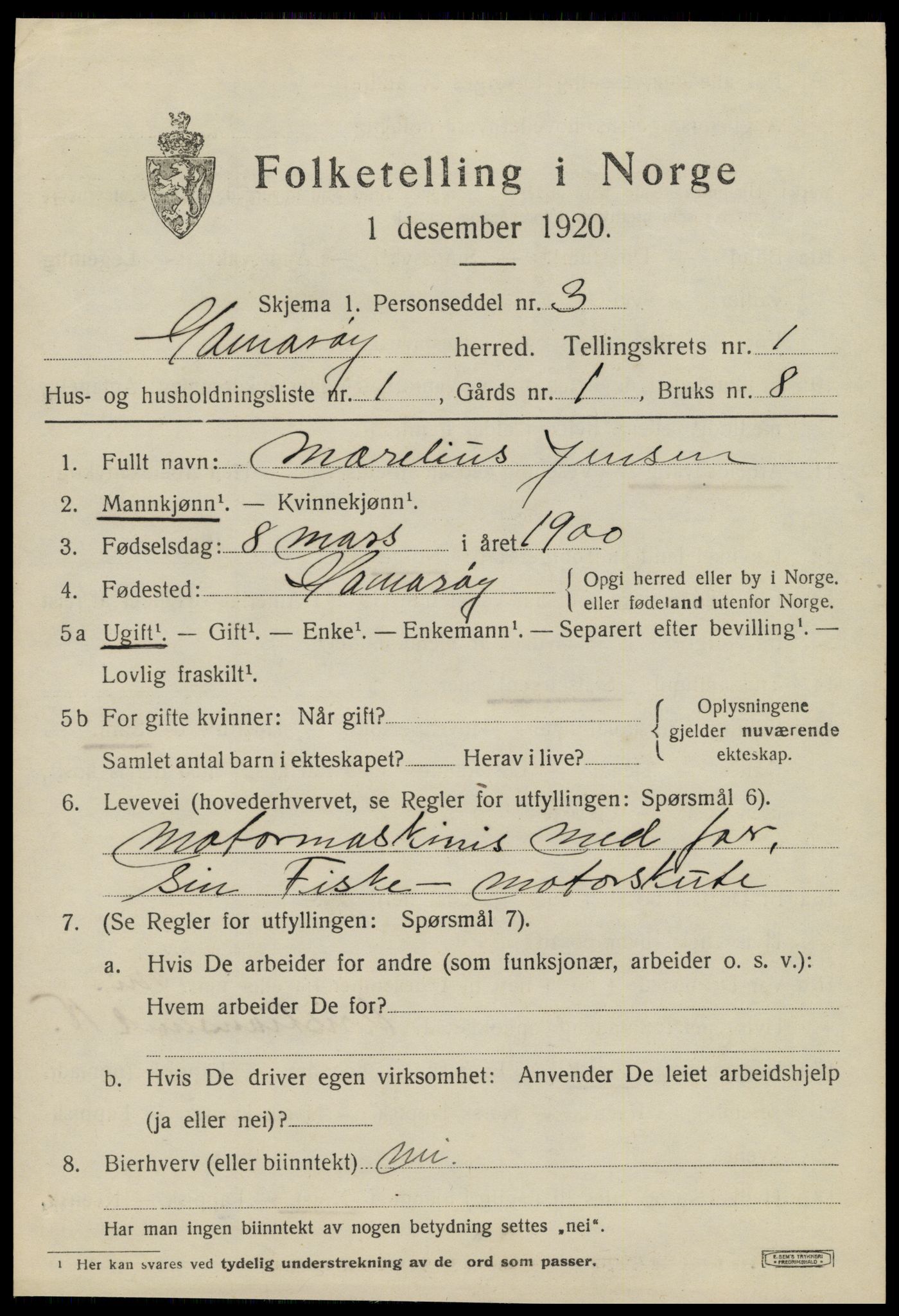 SAT, 1920 census for Hamarøy, 1920, p. 1182