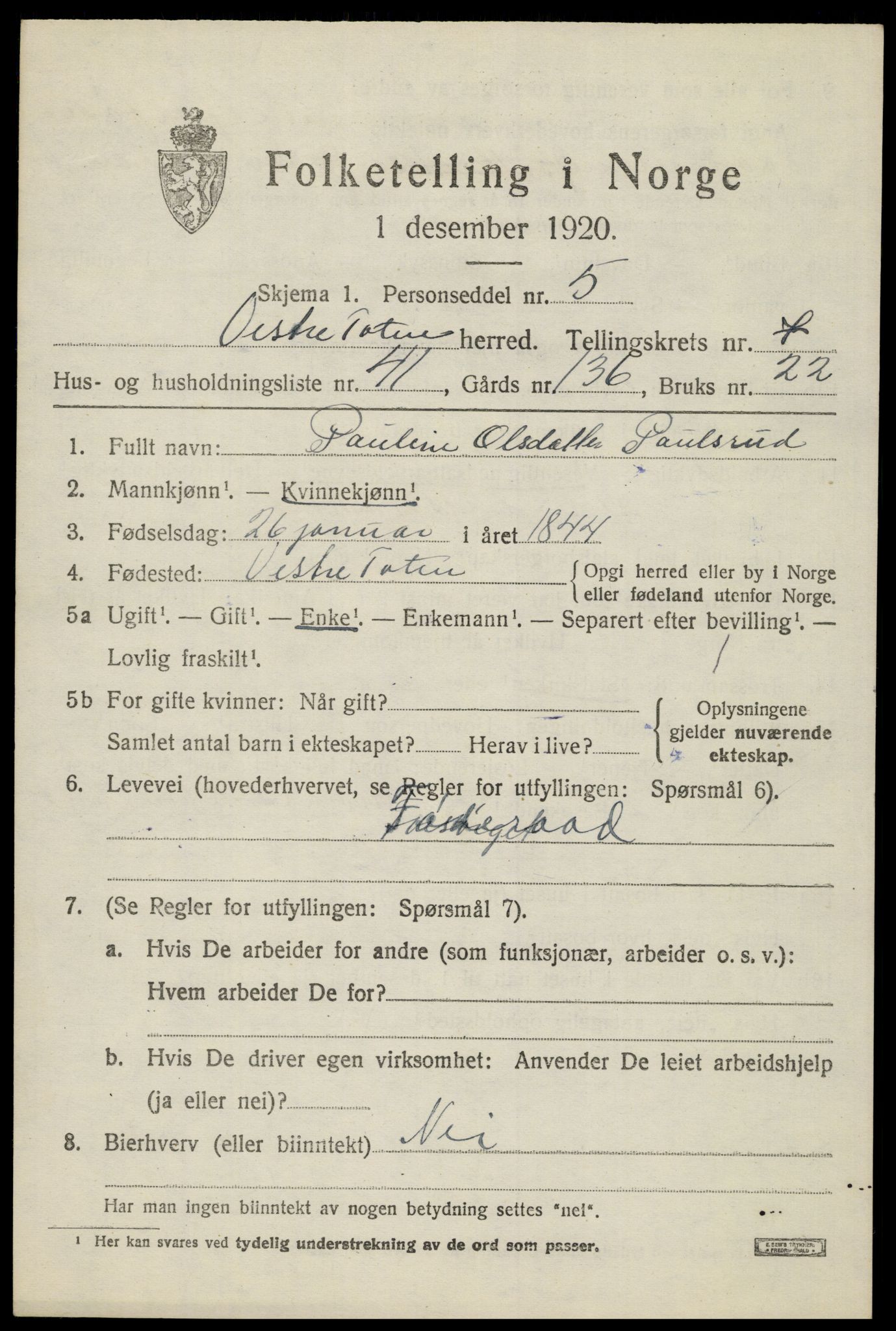 SAH, 1920 census for Vestre Toten, 1920, p. 9680