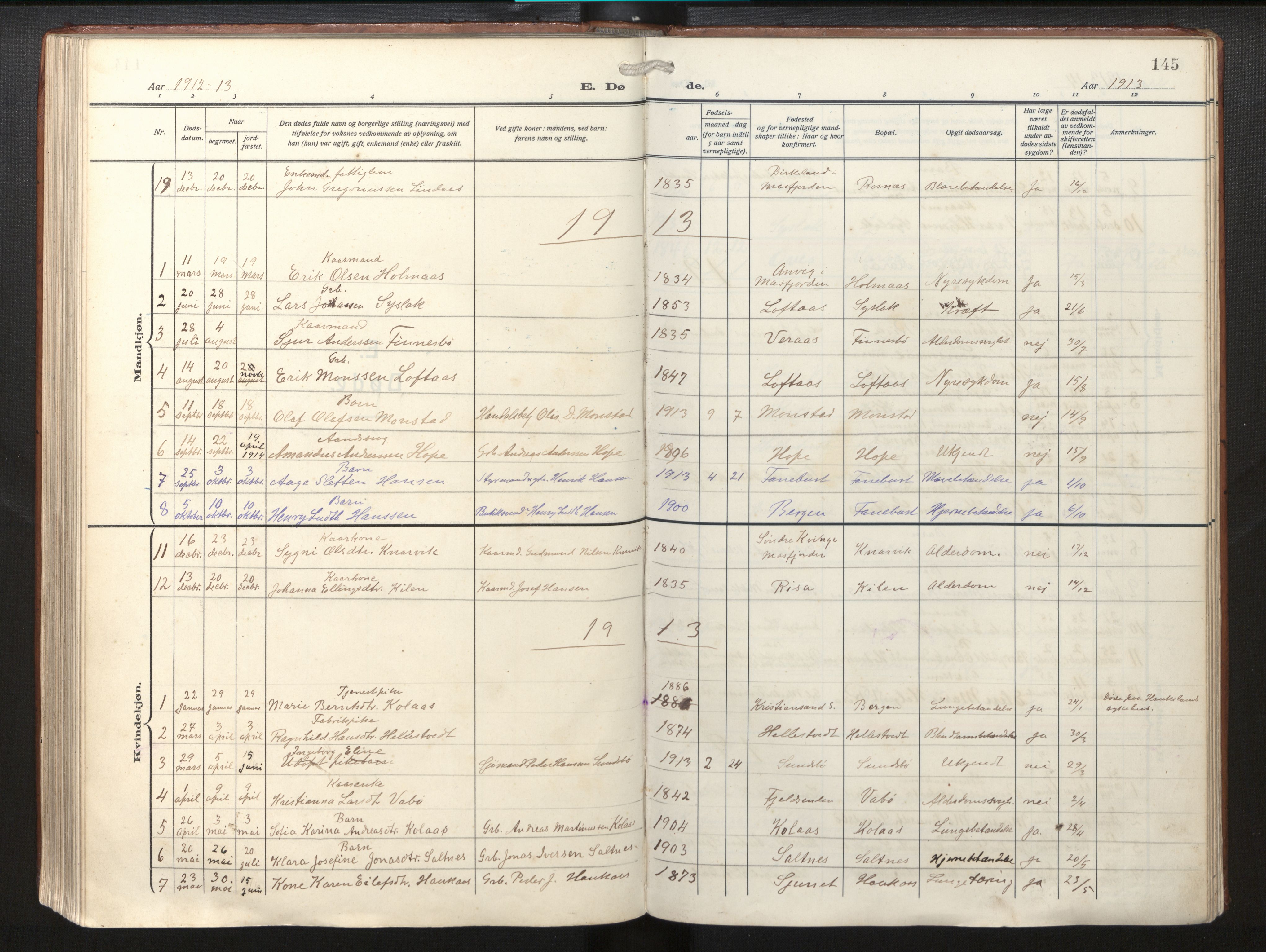 Lindås Sokneprestembete, SAB/A-76701/H/Haa/Haab/L0003: Parish register (official) no. B 3, 1912-1929, p. 145