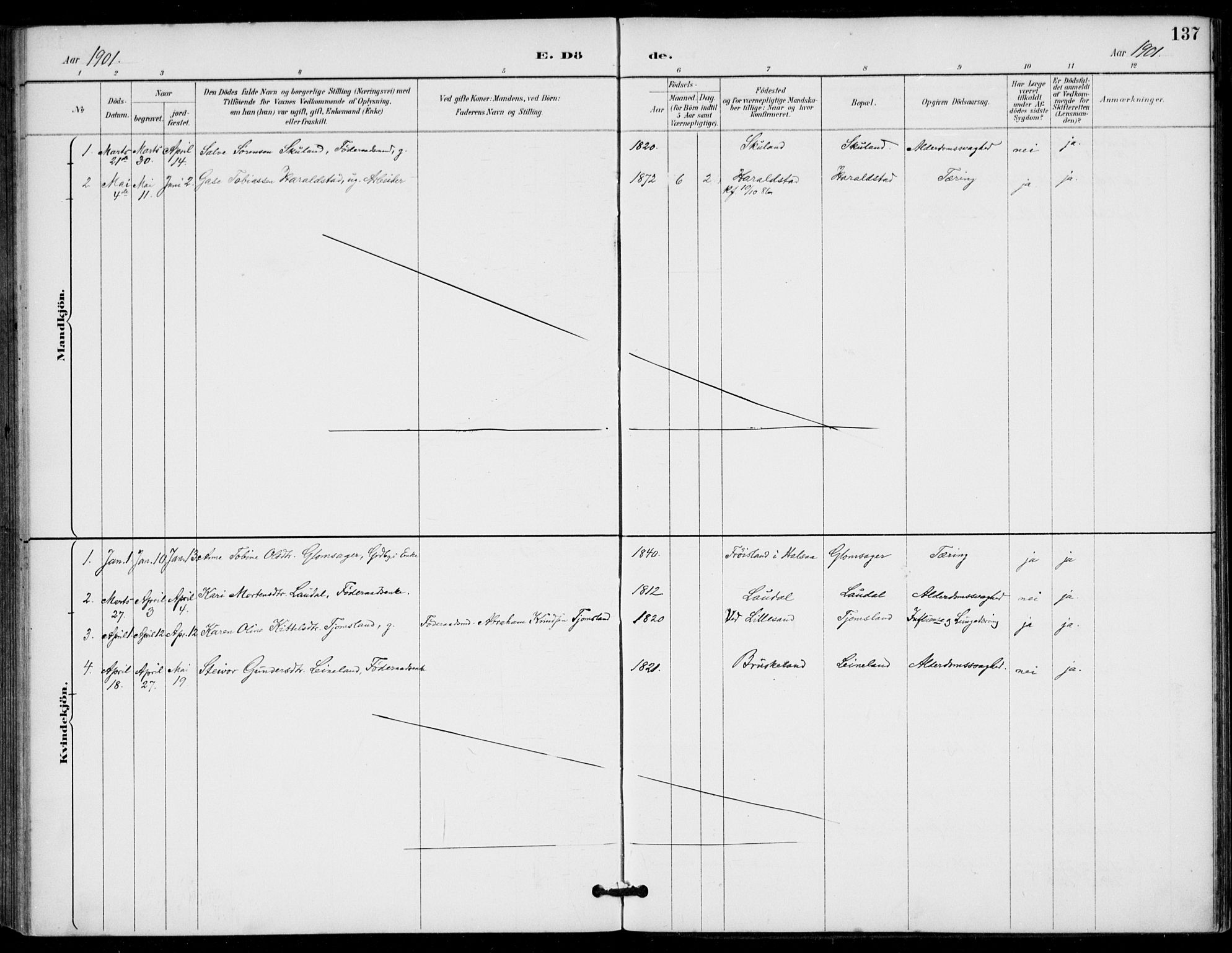 Holum sokneprestkontor, SAK/1111-0022/F/Fa/Fab/L0007: Parish register (official) no. A 7, 1887-1912, p. 137