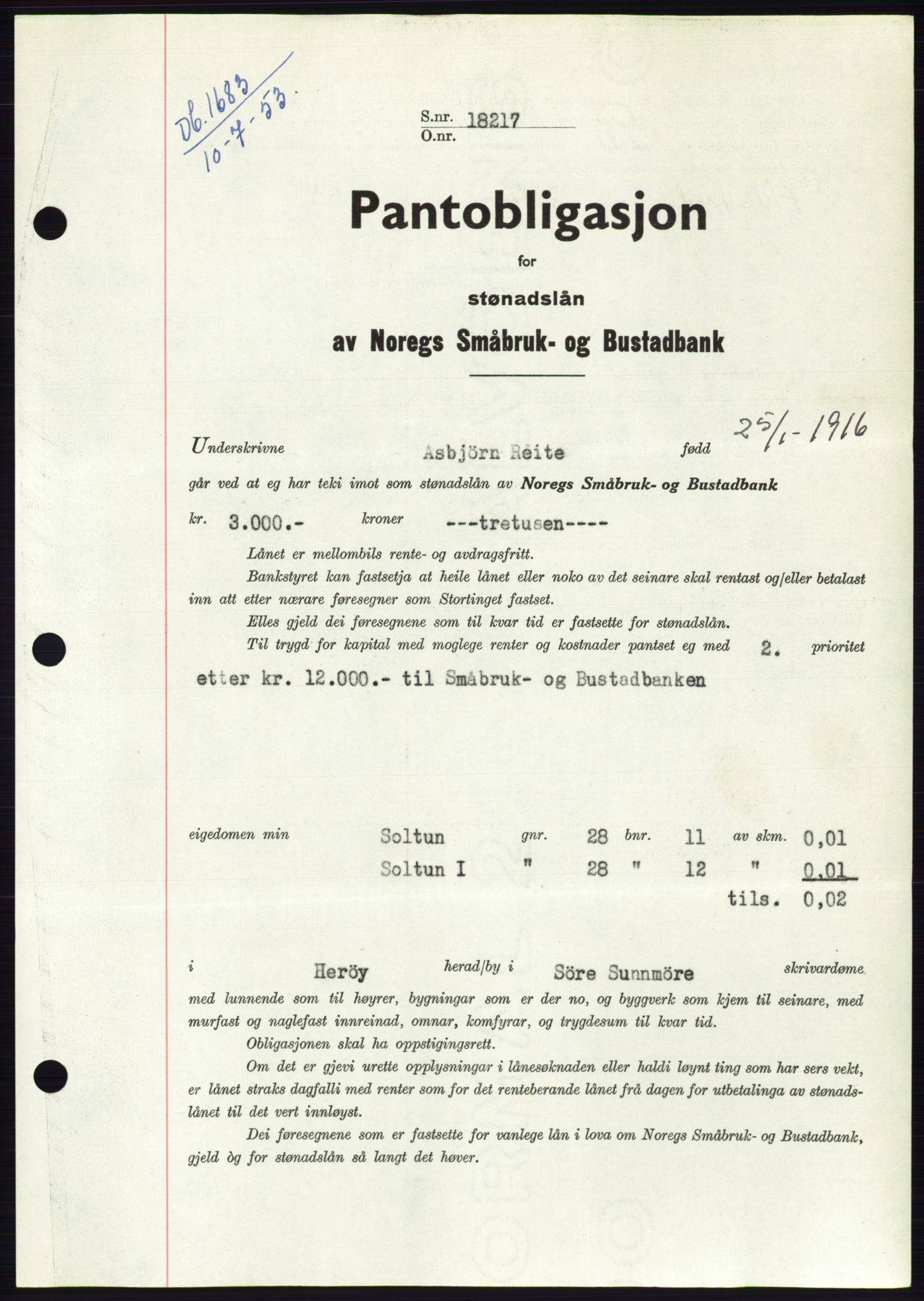 Søre Sunnmøre sorenskriveri, AV/SAT-A-4122/1/2/2C/L0123: Mortgage book no. 11B, 1953-1953, Diary no: : 1683/1953