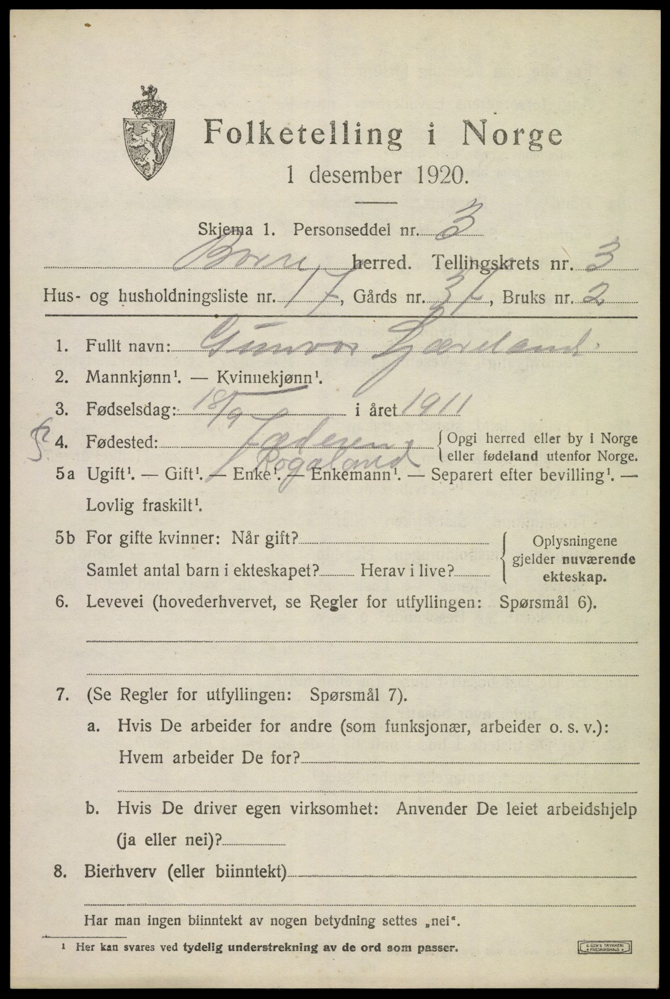 SAKO, 1920 census for Borre, 1920, p. 6222