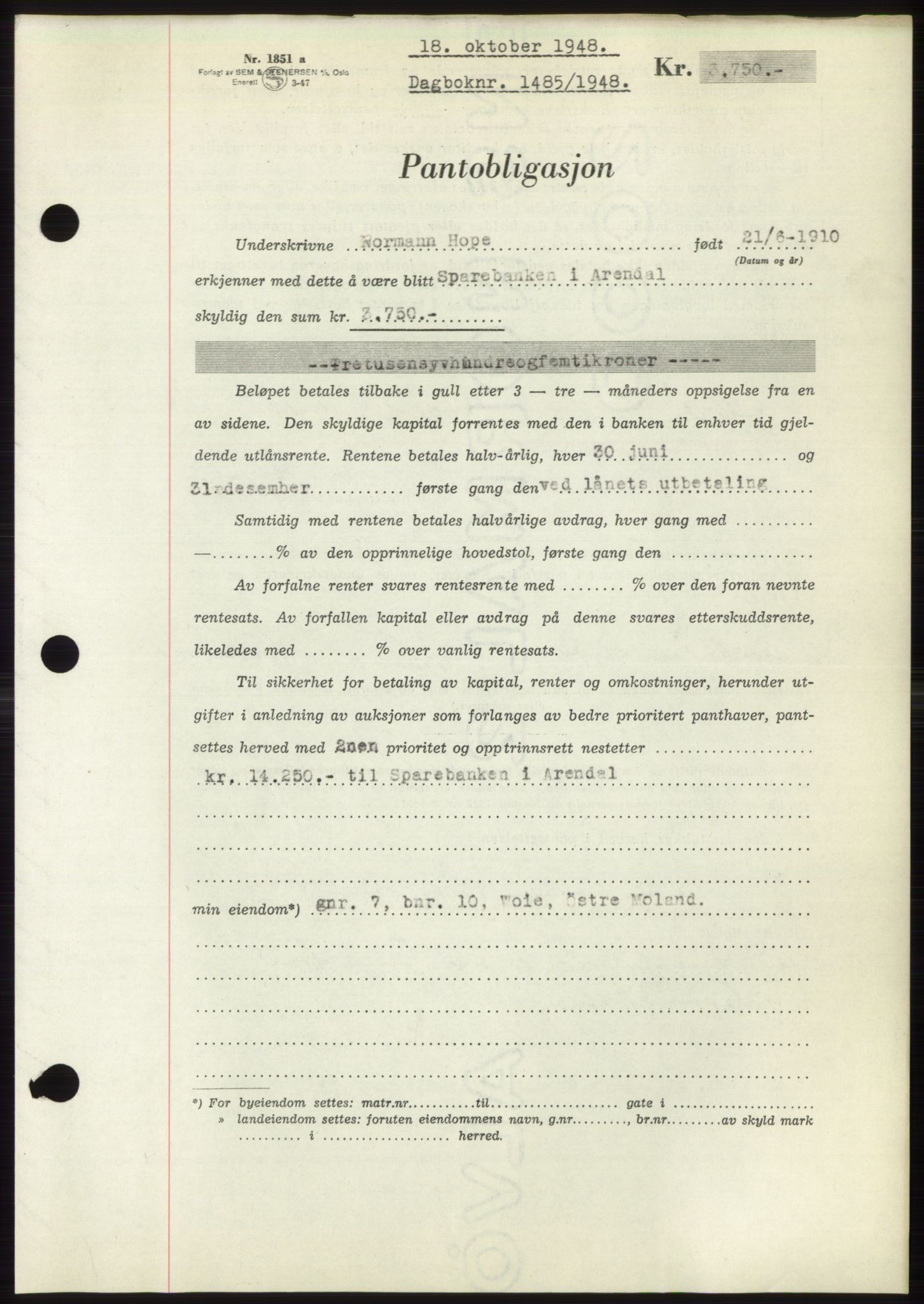 Nedenes sorenskriveri, AV/SAK-1221-0006/G/Gb/Gbb/L0005: Mortgage book no. B5, 1948-1948, Diary no: : 1485/1948