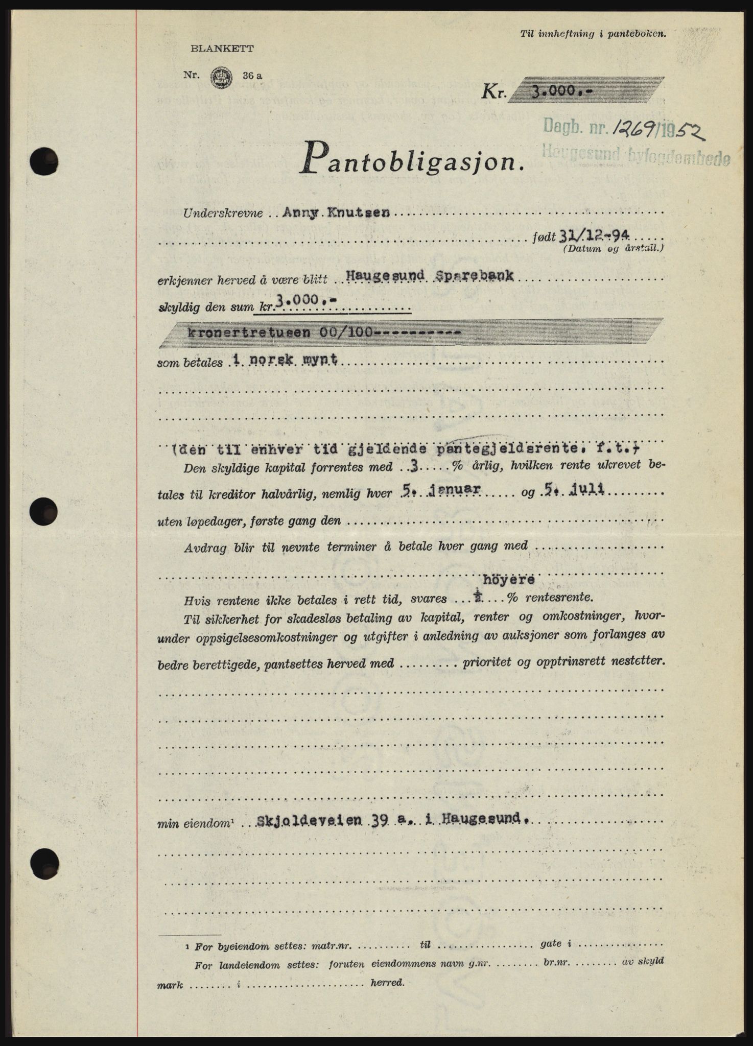 Haugesund tingrett, AV/SAST-A-101415/01/II/IIC/L0039: Mortgage book no. B 39, 1952-1953, Diary no: : 1269/1952