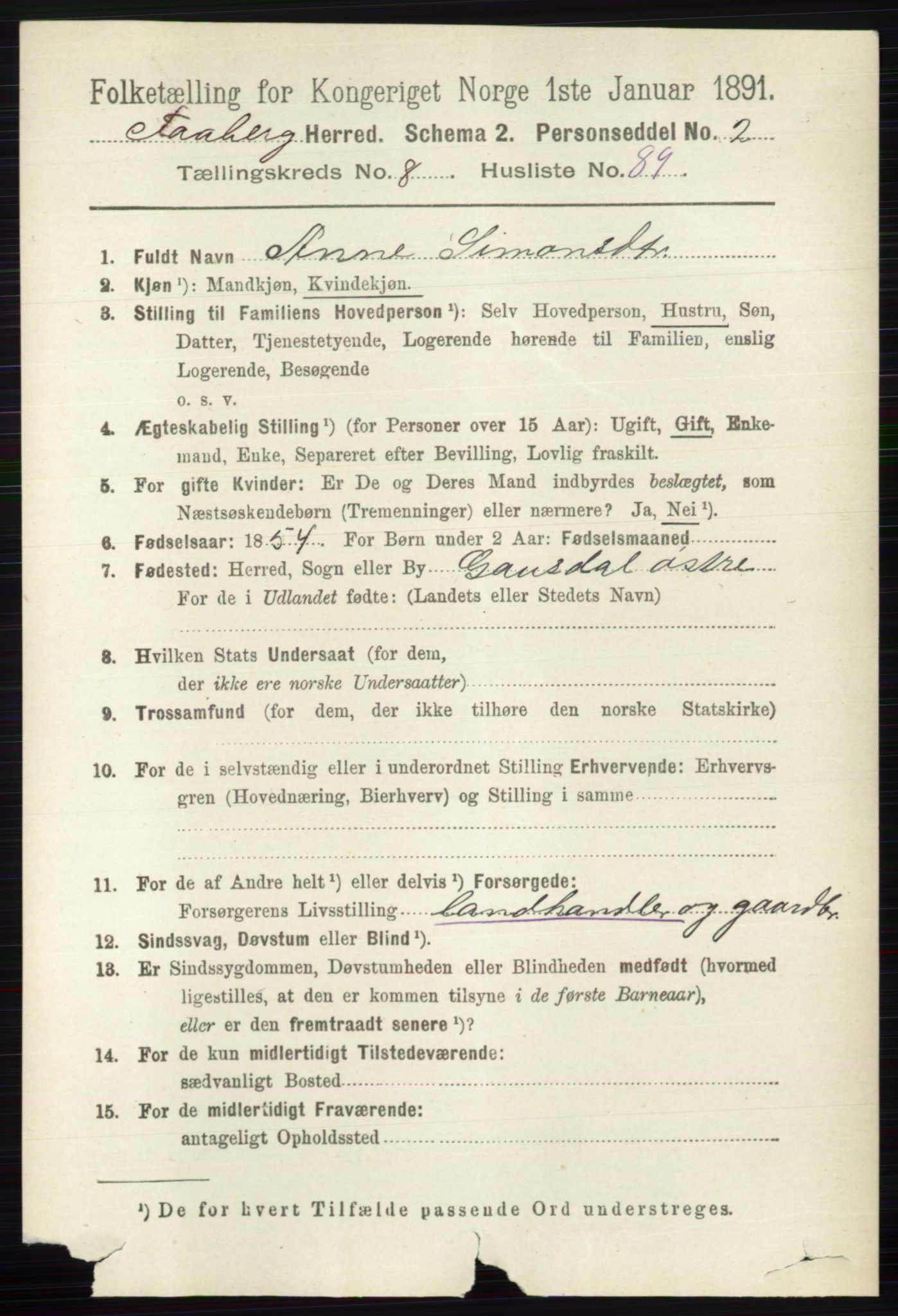 RA, 1891 census for 0524 Fåberg, 1891, p. 3835