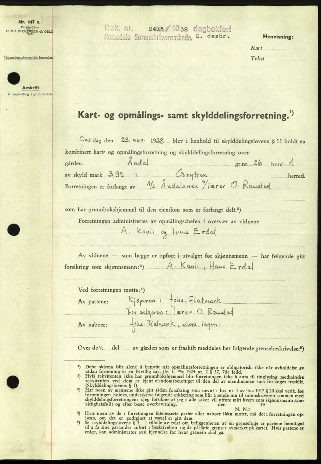 Romsdal sorenskriveri, AV/SAT-A-4149/1/2/2C: Mortgage book no. A6, 1938-1939, Diary no: : 2415/1938