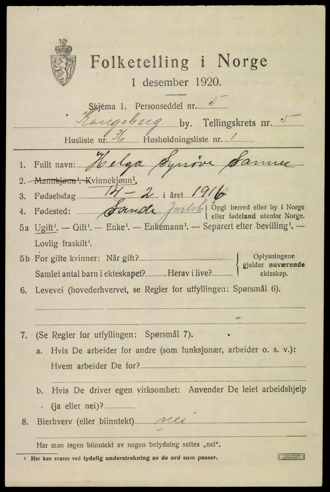 SAKO, 1920 census for Kongsberg, 1920, p. 12962