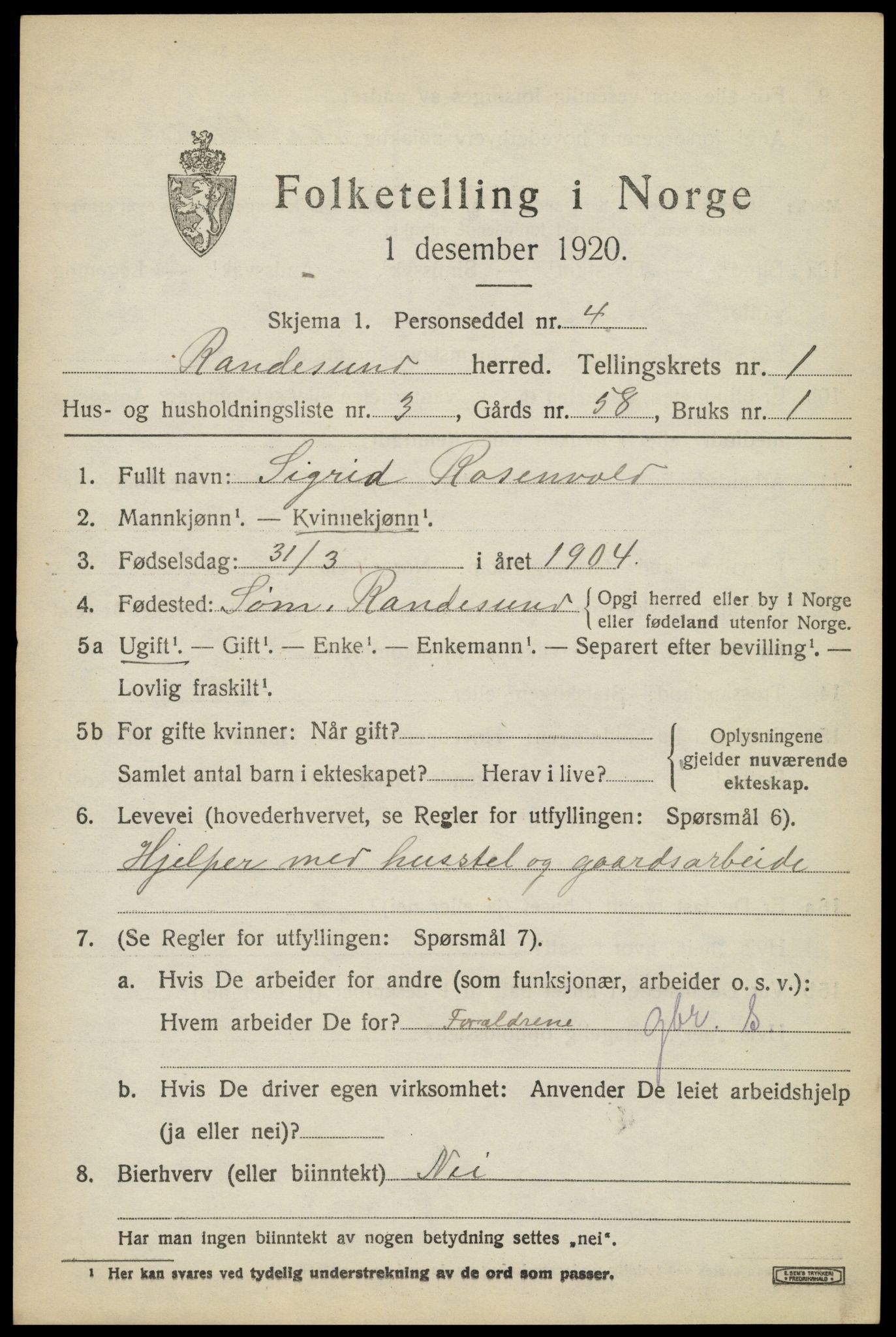 SAK, 1920 census for Randesund, 1920, p. 602