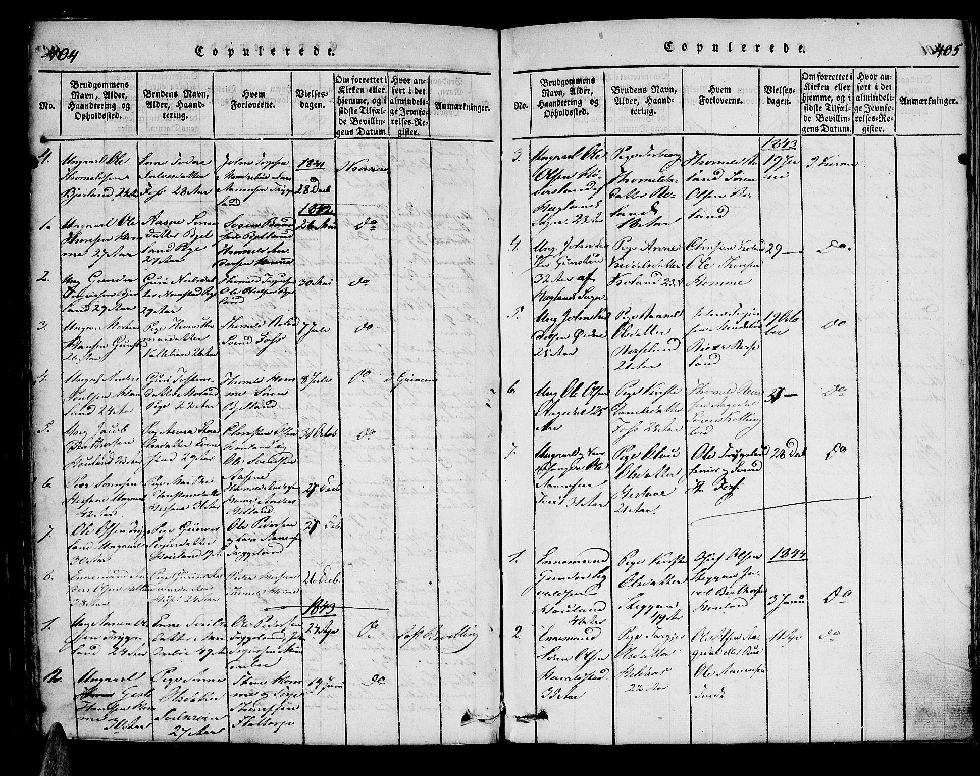 Bjelland sokneprestkontor, SAK/1111-0005/F/Fa/Faa/L0002: Parish register (official) no. A 2, 1816-1866, p. 404-405
