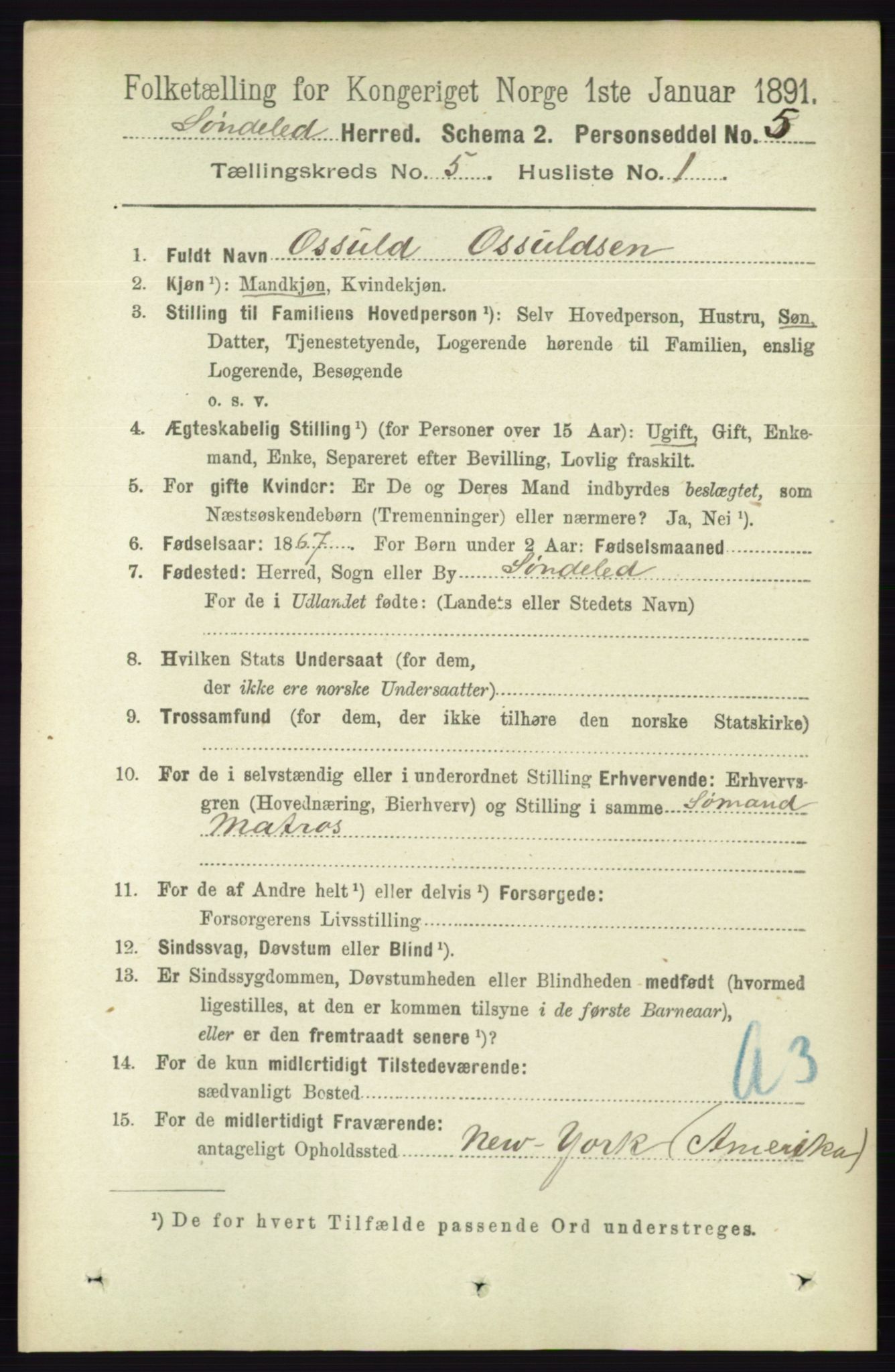 RA, 1891 census for 0913 Søndeled, 1891, p. 1221