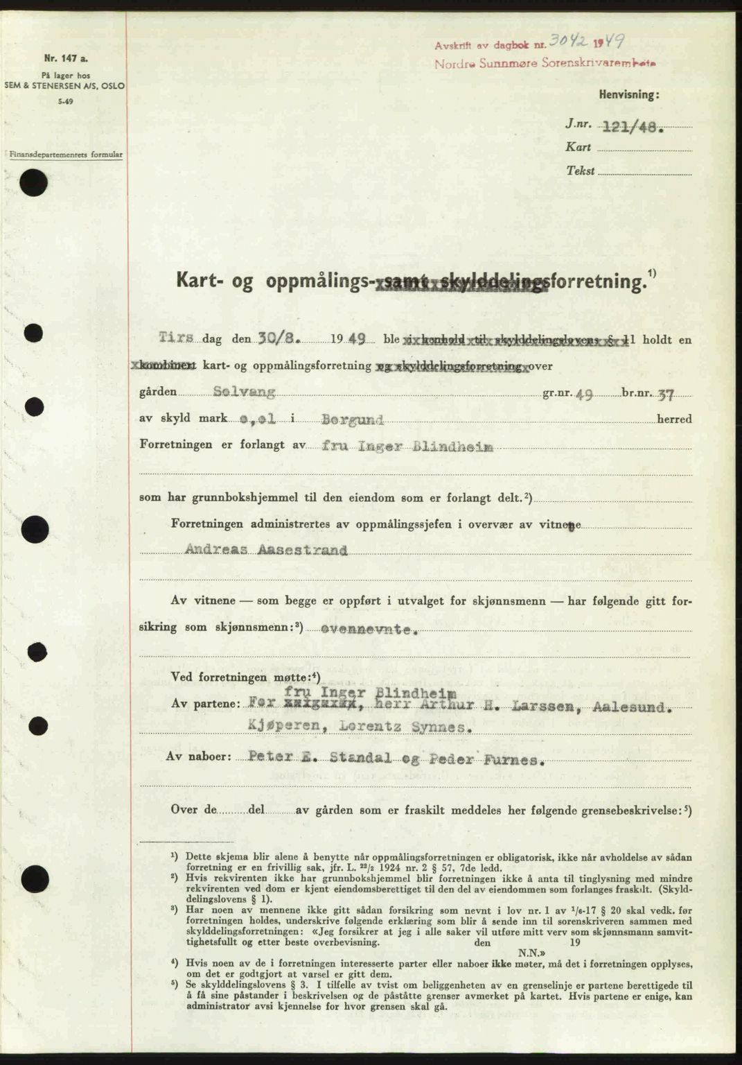 Nordre Sunnmøre sorenskriveri, AV/SAT-A-0006/1/2/2C/2Ca: Mortgage book no. A33, 1949-1950, Diary no: : 3042/1949