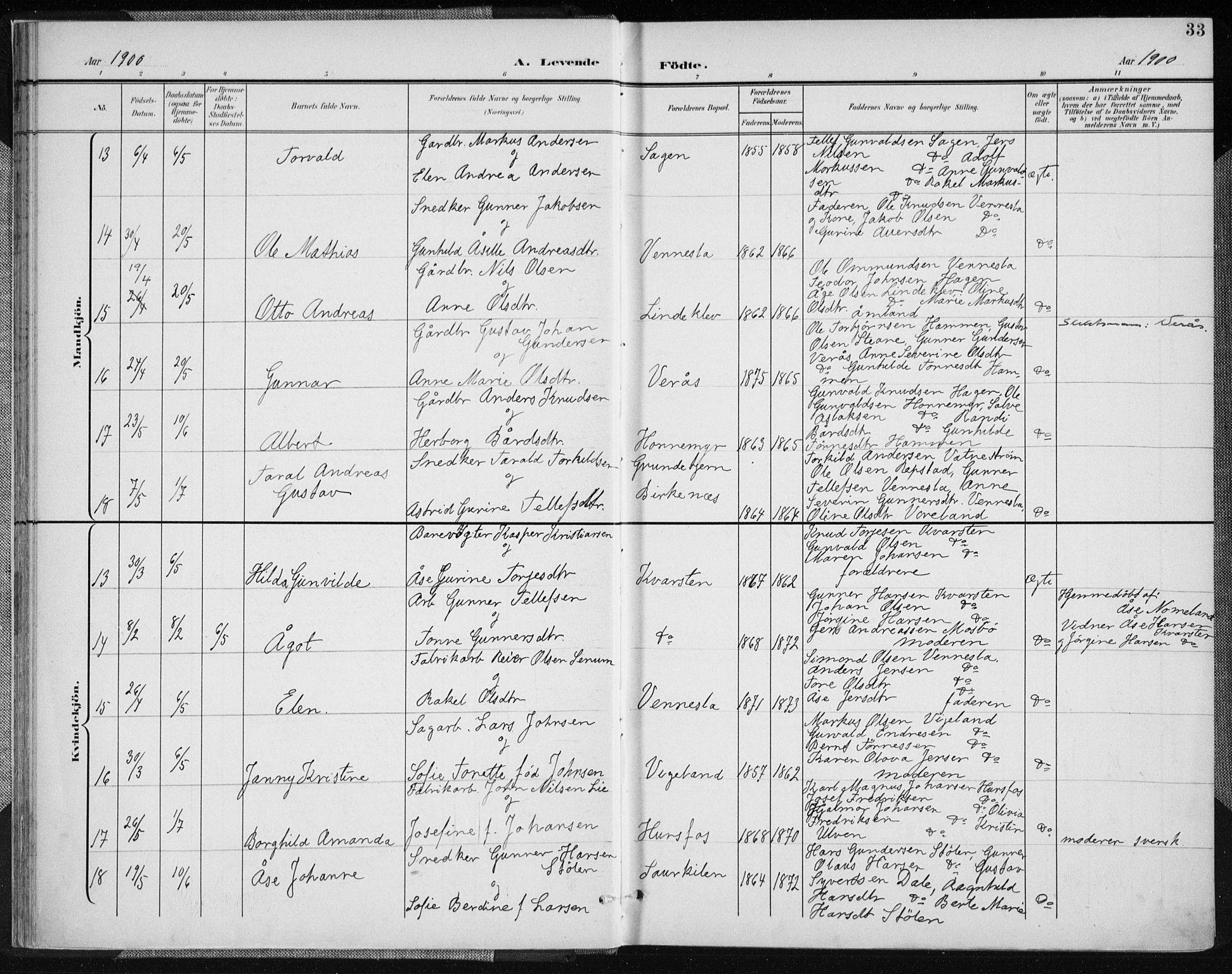 Vennesla sokneprestkontor, AV/SAK-1111-0045/Fa/Fab/L0005: Parish register (official) no. A 5, 1897-1909, p. 33