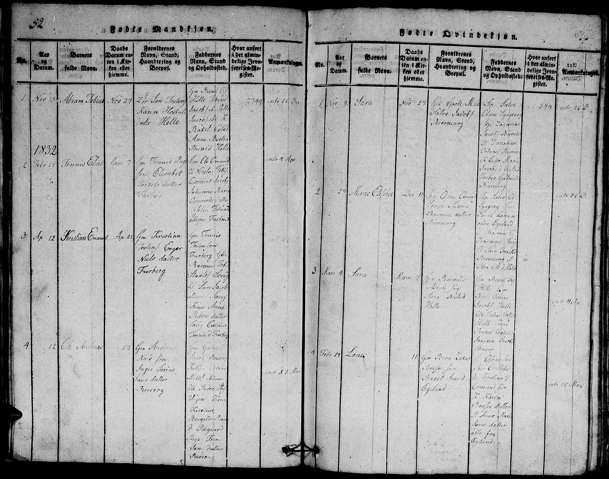 Herad sokneprestkontor, AV/SAK-1111-0018/F/Fb/Fbb/L0001: Parish register (copy) no. B 1, 1815-1852, p. 52