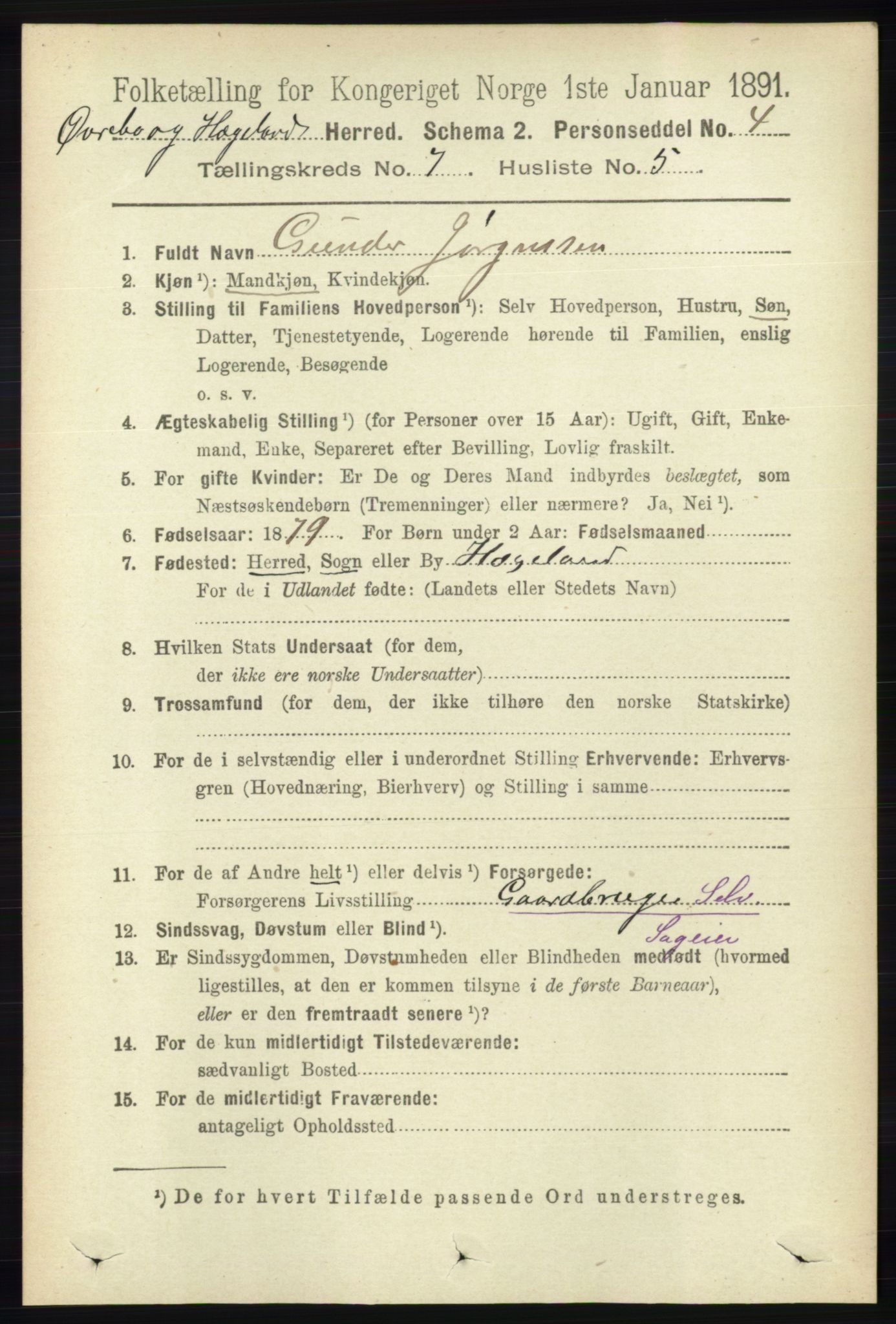 RA, 1891 census for 1016 Øvrebø og Hægeland, 1891, p. 1363