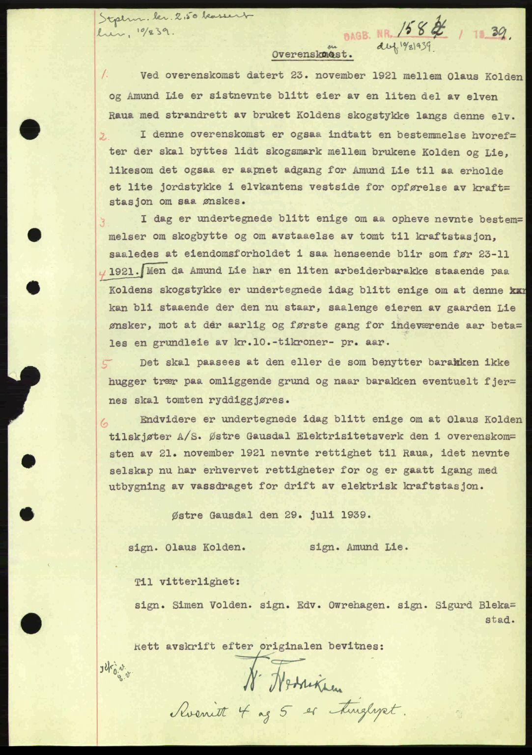 Sør-Gudbrandsdal tingrett, SAH/TING-004/H/Hb/Hbe/L0001: Mortgage book no. B1, 1936-1939, Diary no: : 1584/1939