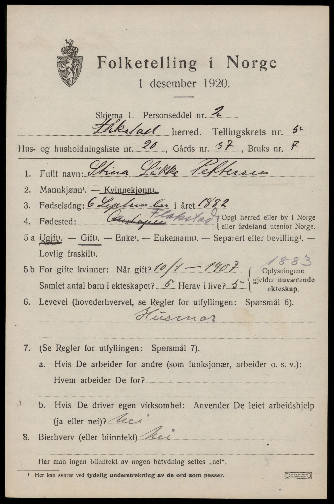 SAT, 1920 census for Flakstad, 1920, p. 3795