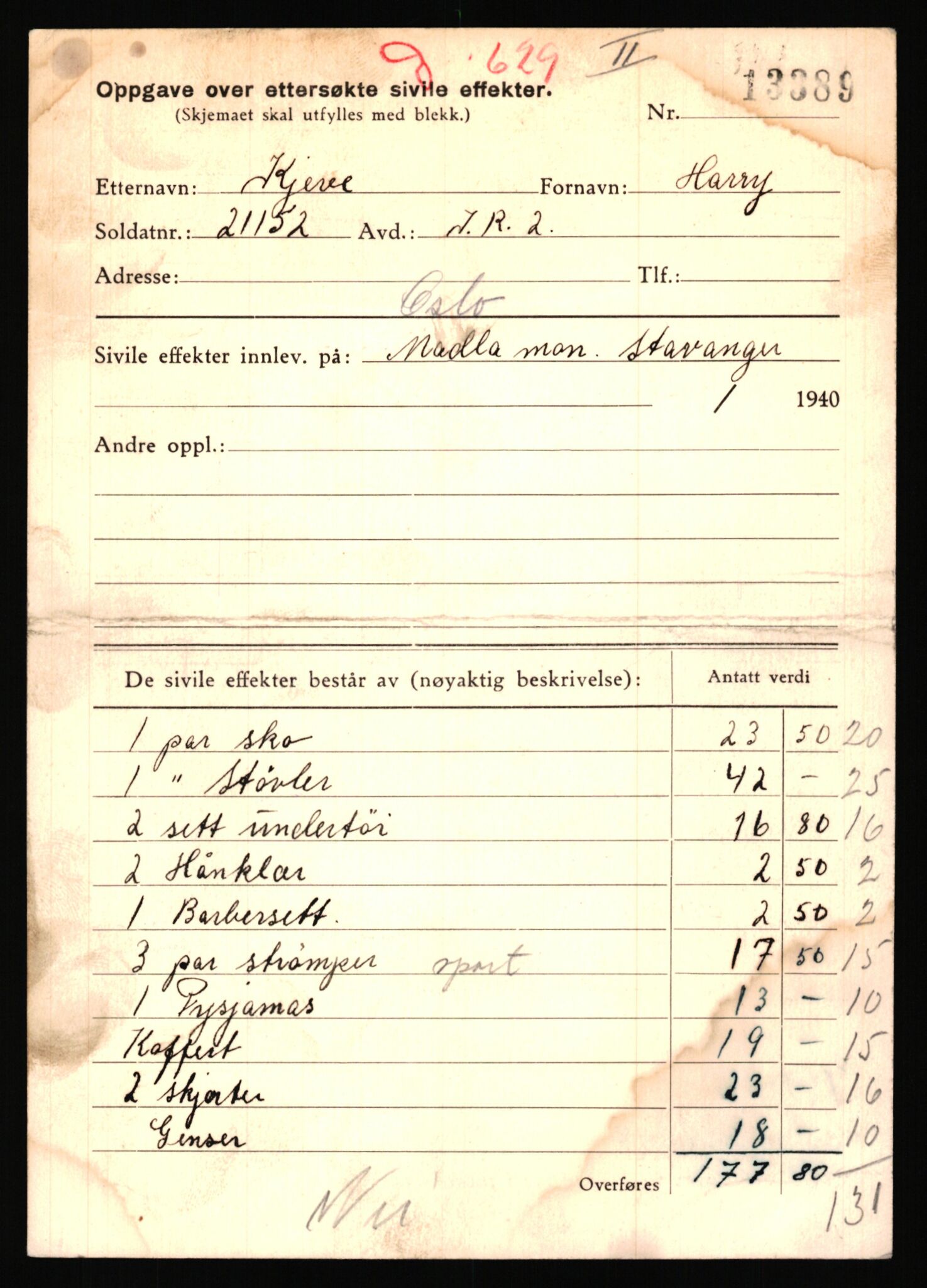 Justisdepartementet, Oppgjørsavdelingen, AV/RA-S-1056/G/Gb/L0044: Oppgaver over ettersøkte sivile effekter. Kjeve, Harry - Knuts, Otto, 1940-1942, p. 3