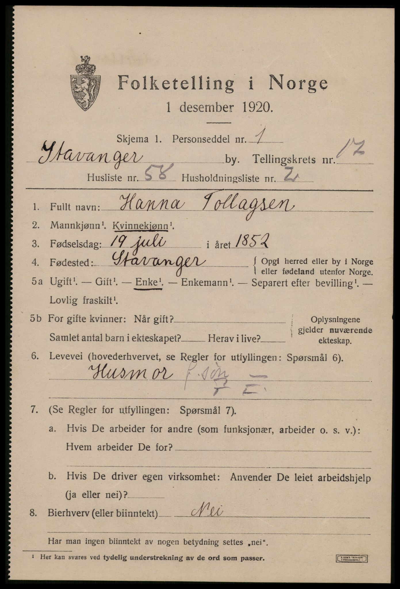 SAST, 1920 census for Stavanger, 1920, p. 66056