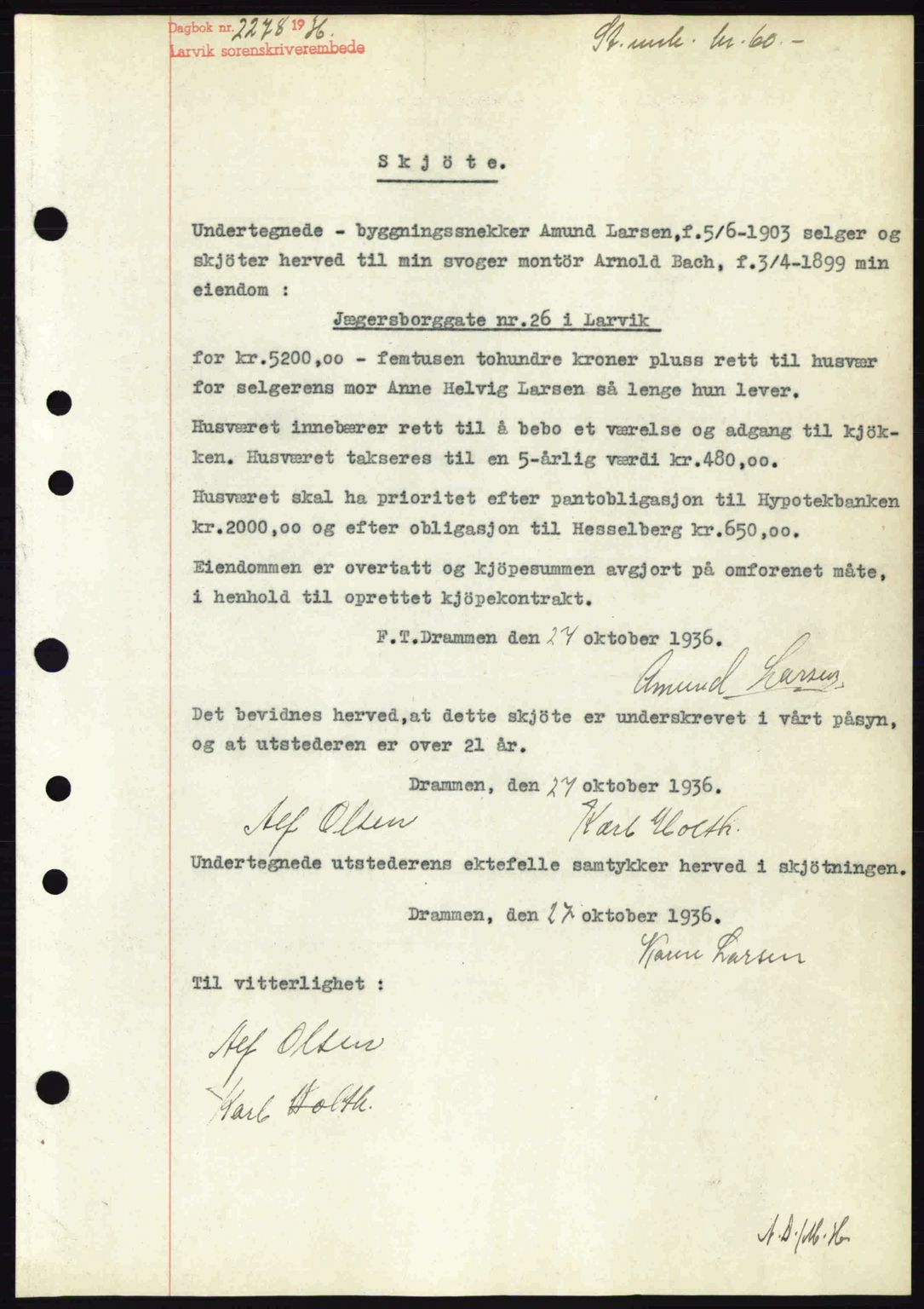 Larvik sorenskriveri, SAKO/A-83/G/Ga/Gab/L0067: Mortgage book no. A-1, 1936-1937, Diary no: : 2278/1936