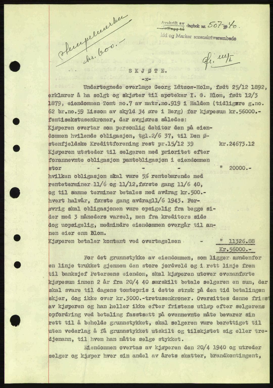 Idd og Marker sorenskriveri, AV/SAO-A-10283/G/Gb/Gbb/L0004: Mortgage book no. A4, 1940-1941, Diary no: : 507/1940