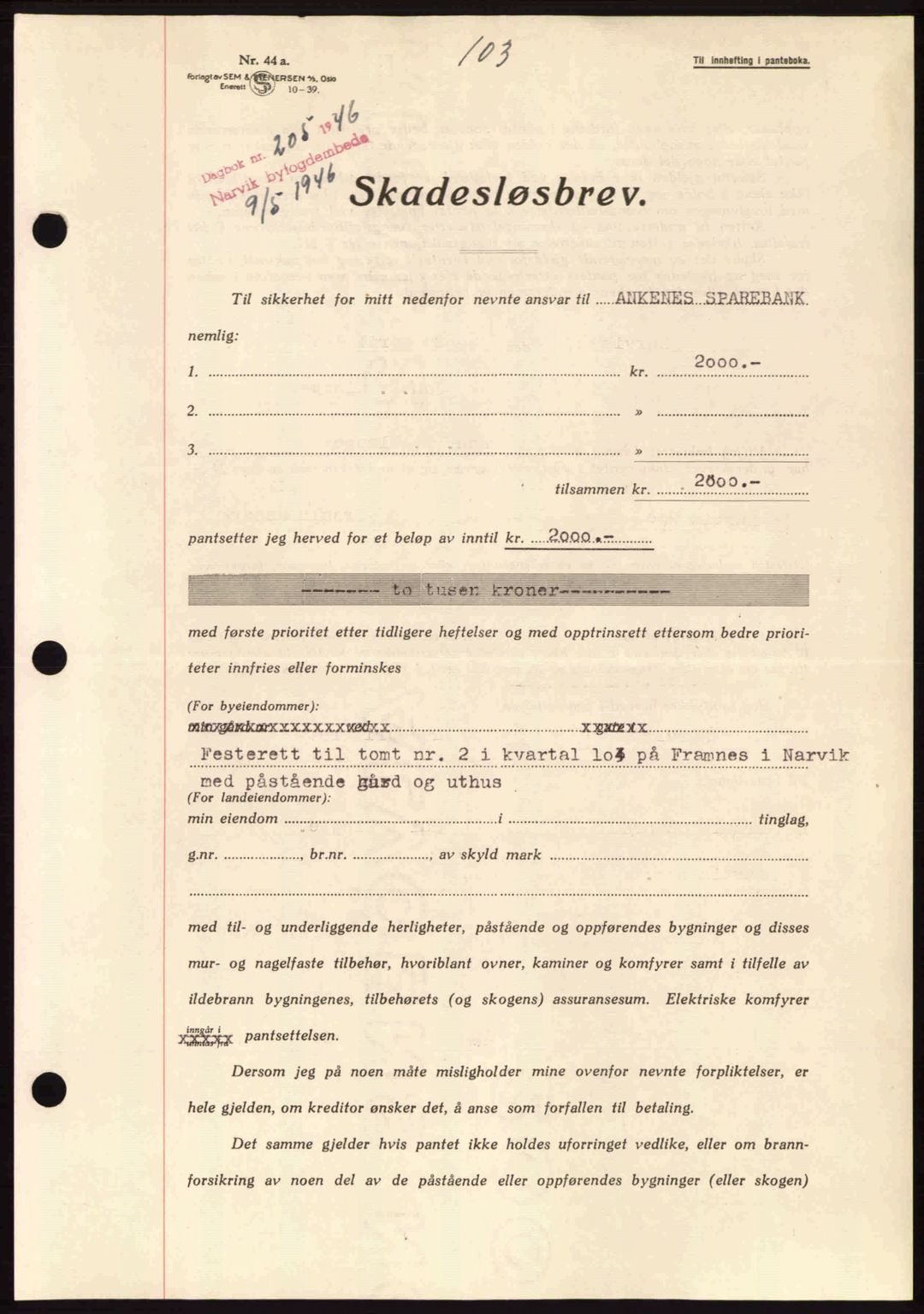 Narvik sorenskriveri, AV/SAT-A-0002/1/2/2C/2Ca: Mortgage book no. A21, 1946-1947, Diary no: : 205/1946