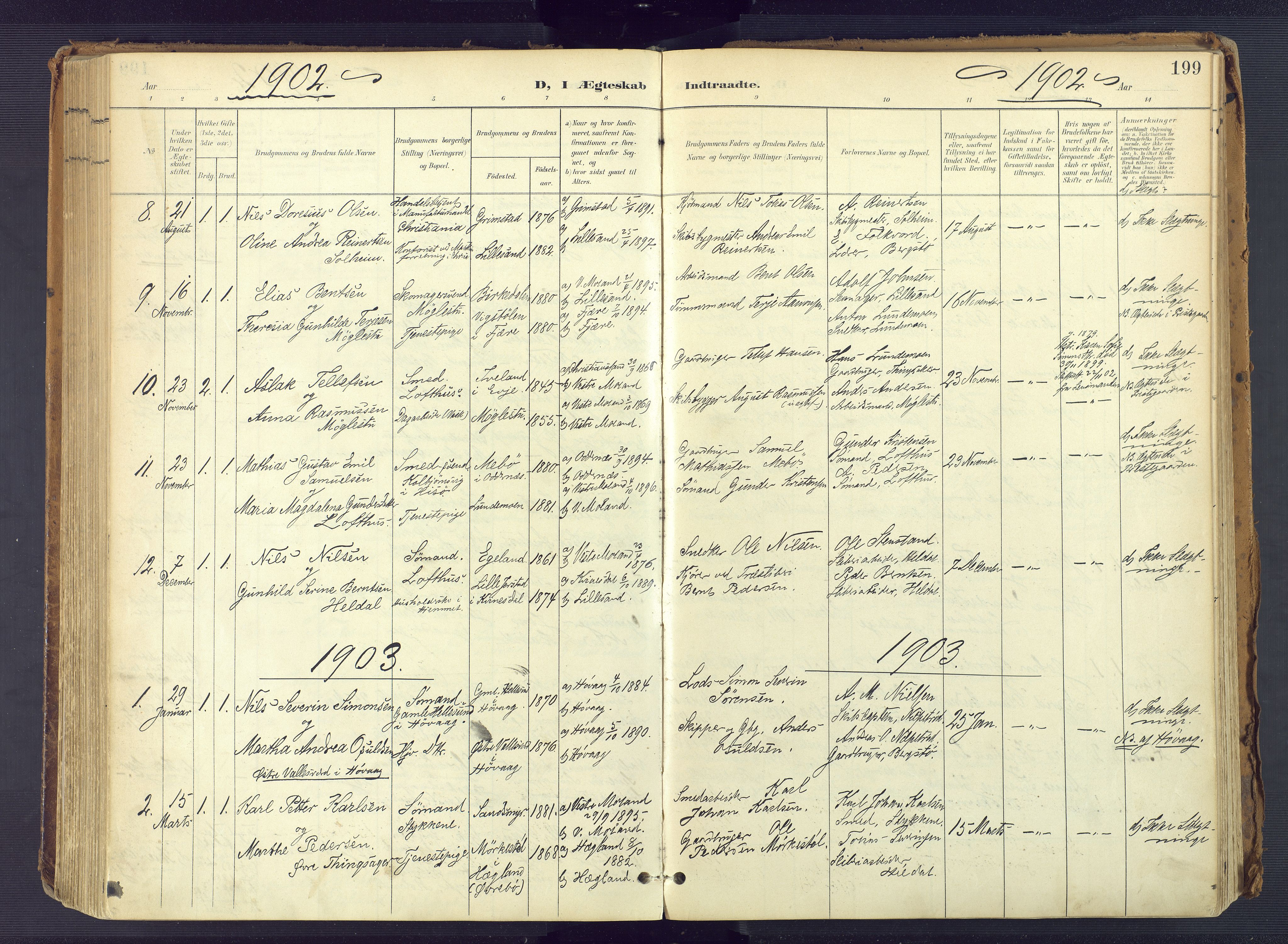 Vestre Moland sokneprestkontor, SAK/1111-0046/F/Fa/Fab/L0010: Parish register (official) no. A 10, 1900-1926, p. 199