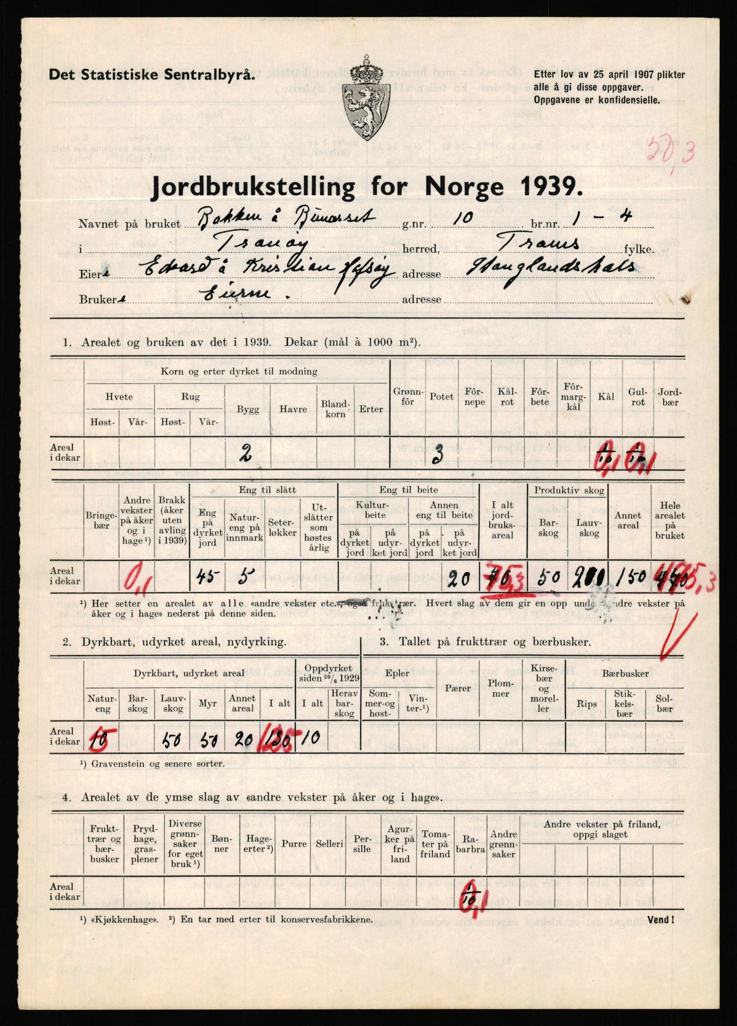 Statistisk sentralbyrå, Næringsøkonomiske emner, Jordbruk, skogbruk, jakt, fiske og fangst, AV/RA-S-2234/G/Gb/L0341: Troms: Sørreisa og Tranøy, 1939, p. 1639