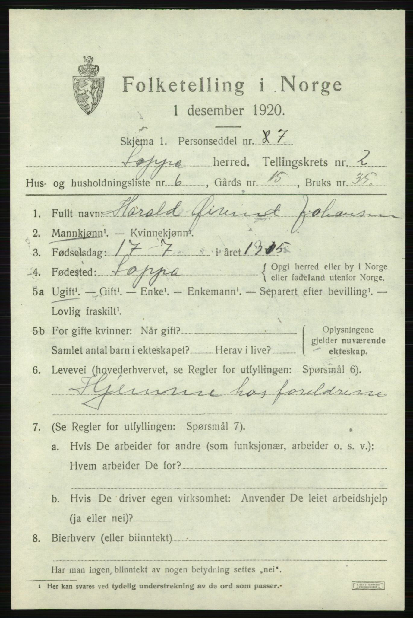 SATØ, 1920 census for Loppa, 1920, p. 882