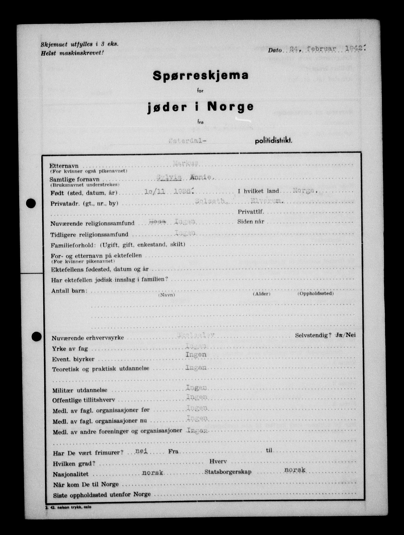 Statspolitiet - Hovedkontoret / Osloavdelingen, AV/RA-S-1329/G/Ga/L0013: Spørreskjema for jøder i Norge. 1: Sandefjord-Trondheim. 2: Tønsberg- Ålesund.  3: Skriv vedr. jøder A-H.  , 1942-1943, p. 754