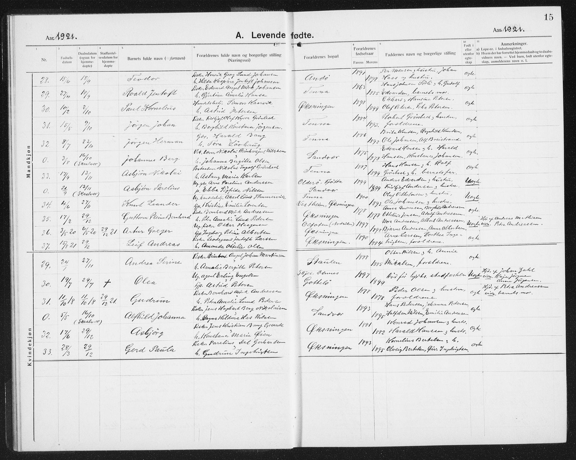 Ministerialprotokoller, klokkerbøker og fødselsregistre - Nordland, SAT/A-1459/834/L0517: Parish register (copy) no. 834C07, 1919-1939, p. 15