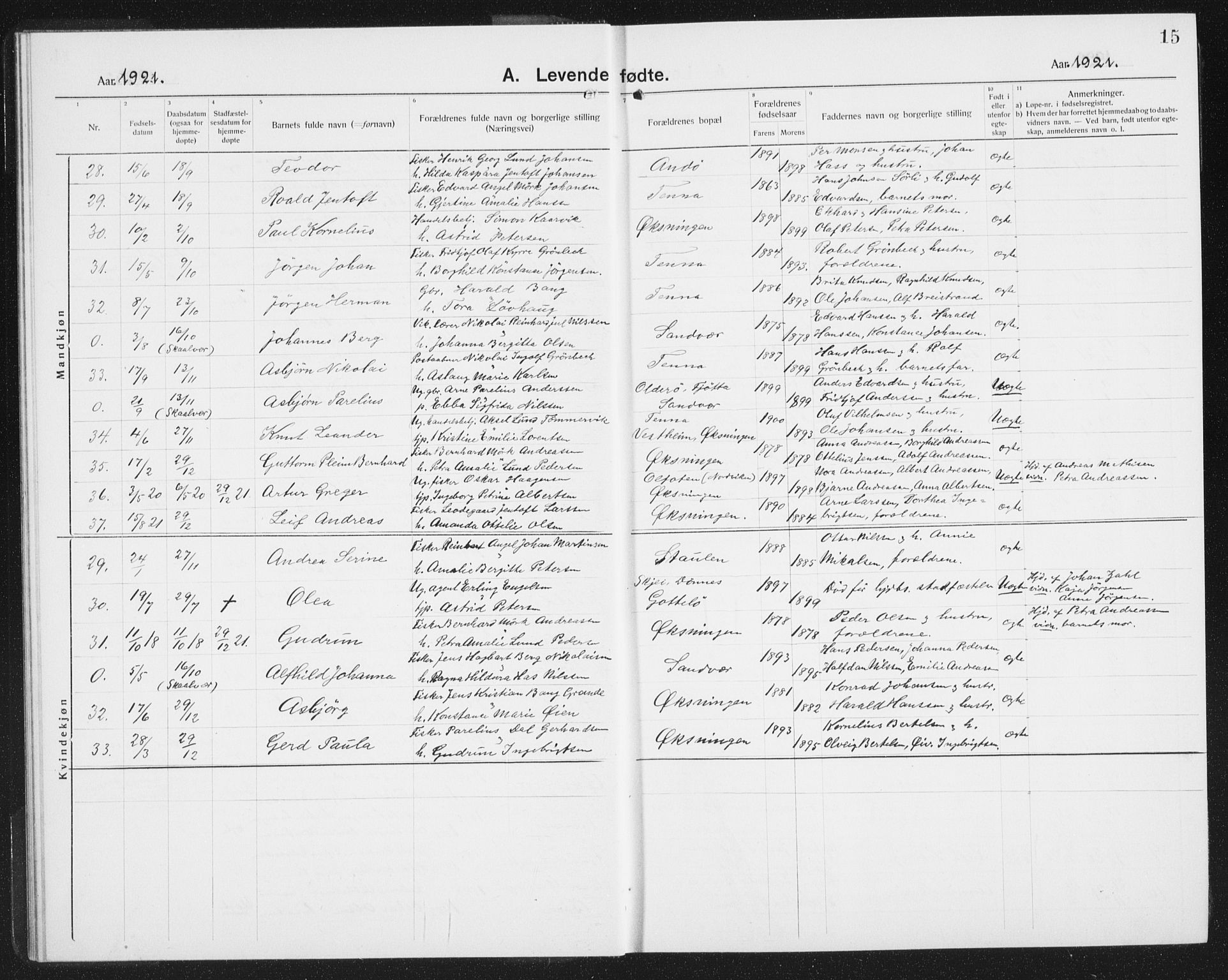 Ministerialprotokoller, klokkerbøker og fødselsregistre - Nordland, AV/SAT-A-1459/834/L0517: Parish register (copy) no. 834C07, 1919-1939, p. 15