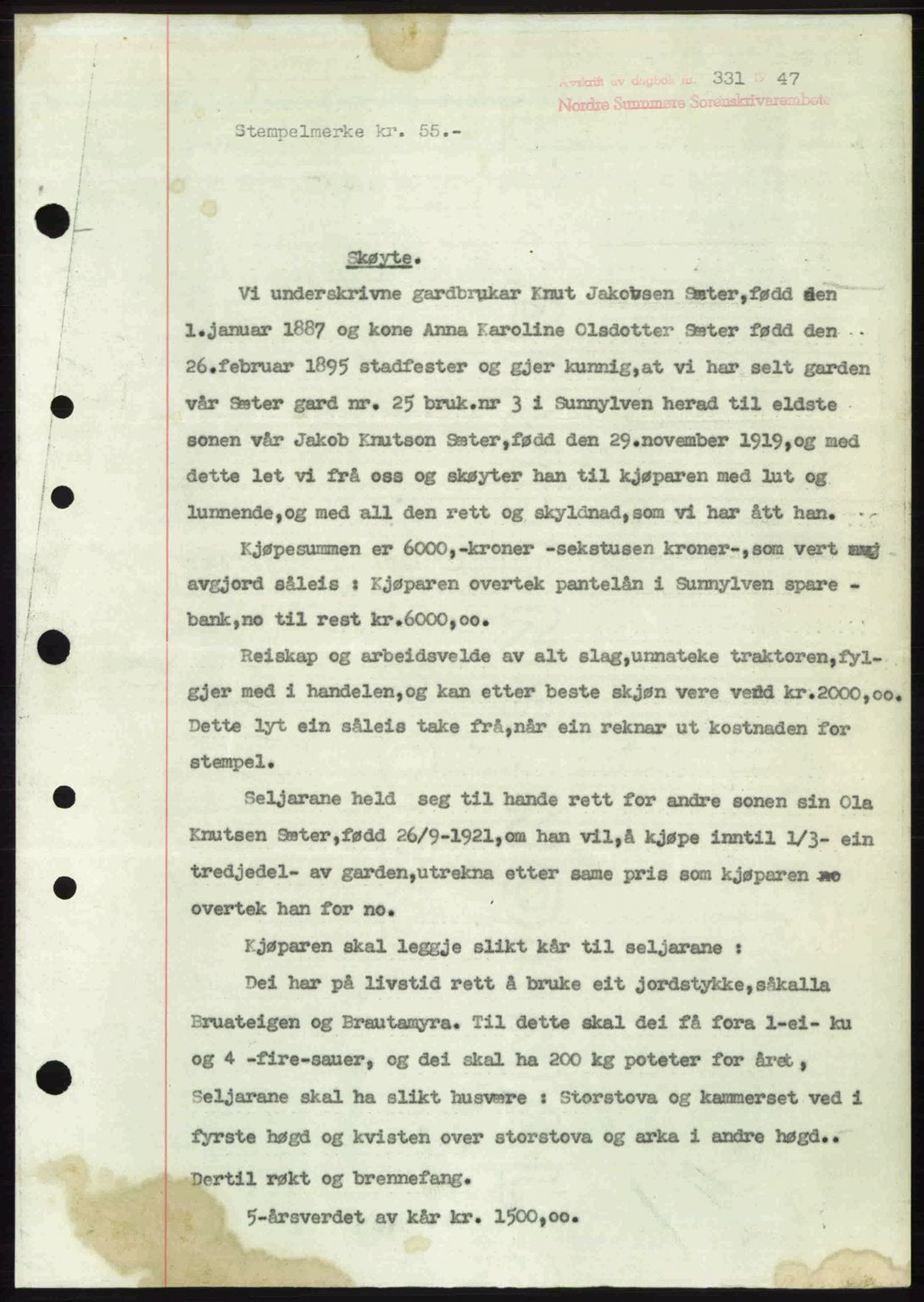 Nordre Sunnmøre sorenskriveri, AV/SAT-A-0006/1/2/2C/2Ca: Mortgage book no. A24, 1947-1947, Diary no: : 331/1947