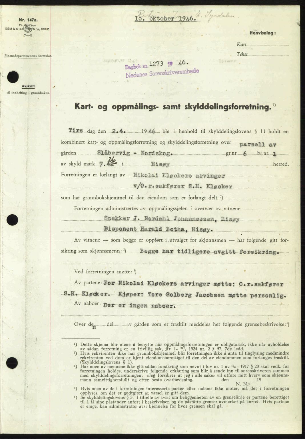 Nedenes sorenskriveri, SAK/1221-0006/G/Gb/Gba/L0056: Mortgage book no. A8, 1946-1947, Diary no: : 1273/1946