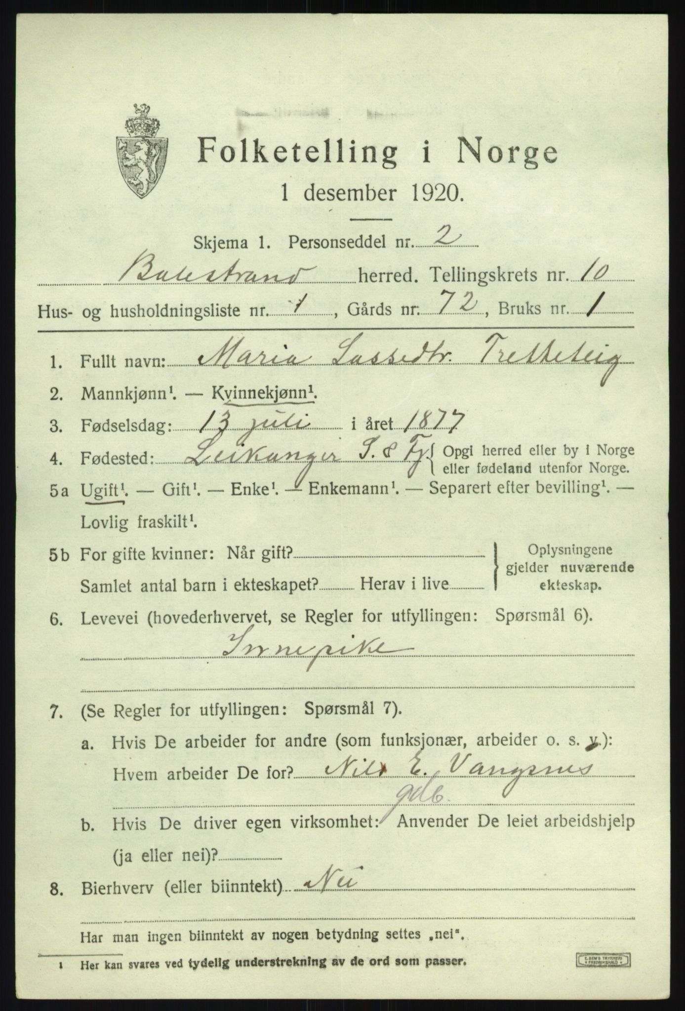 SAB, 1920 census for Balestrand, 1920, p. 4636