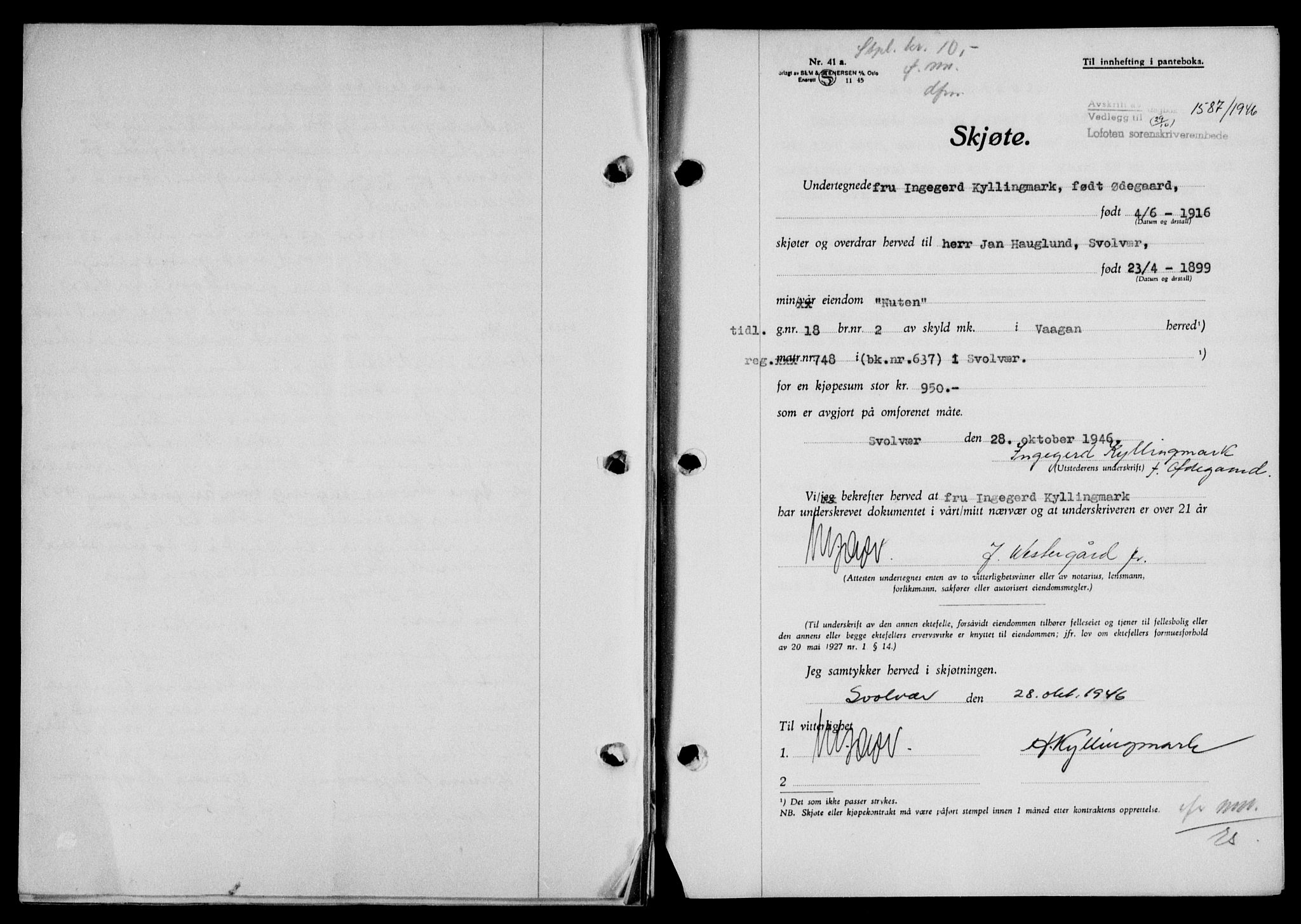 Lofoten sorenskriveri, SAT/A-0017/1/2/2C/L0014a: Mortgage book no. 14a, 1946-1946, Diary no: : 1587/1946