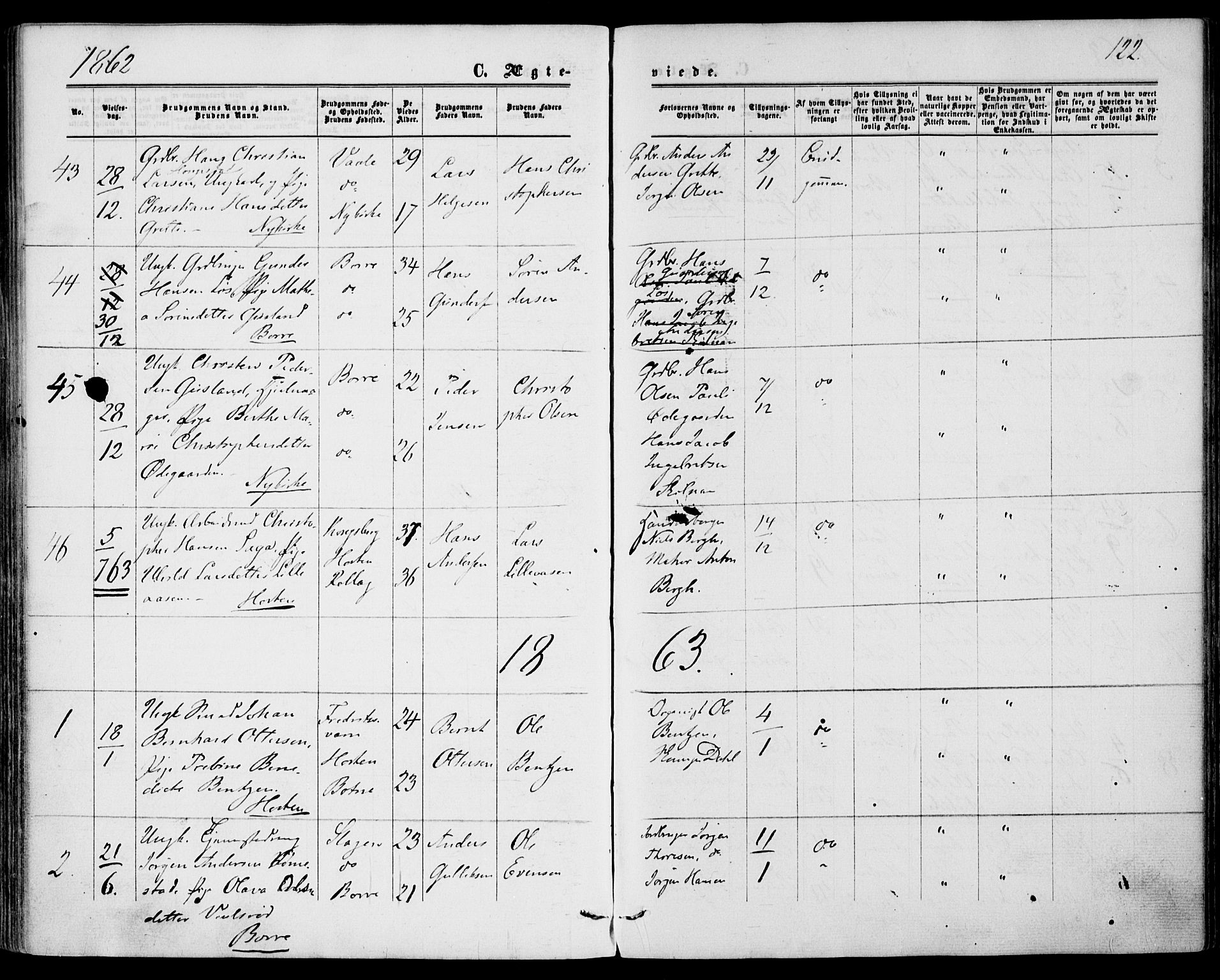 Borre kirkebøker, AV/SAKO-A-338/F/Fa/L0007: Parish register (official) no. I 7, 1862-1867, p. 122